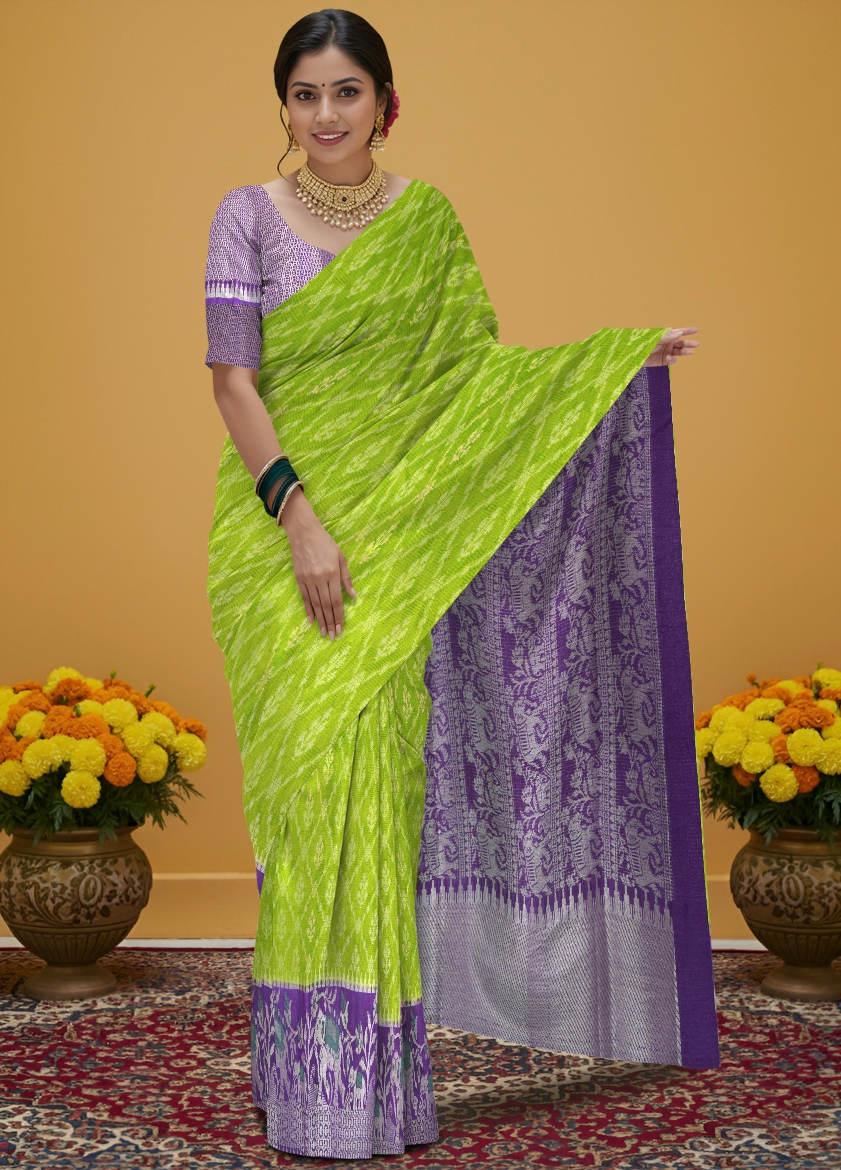 Emerald green pochampally weaving silk saree with designer pallu and blouse