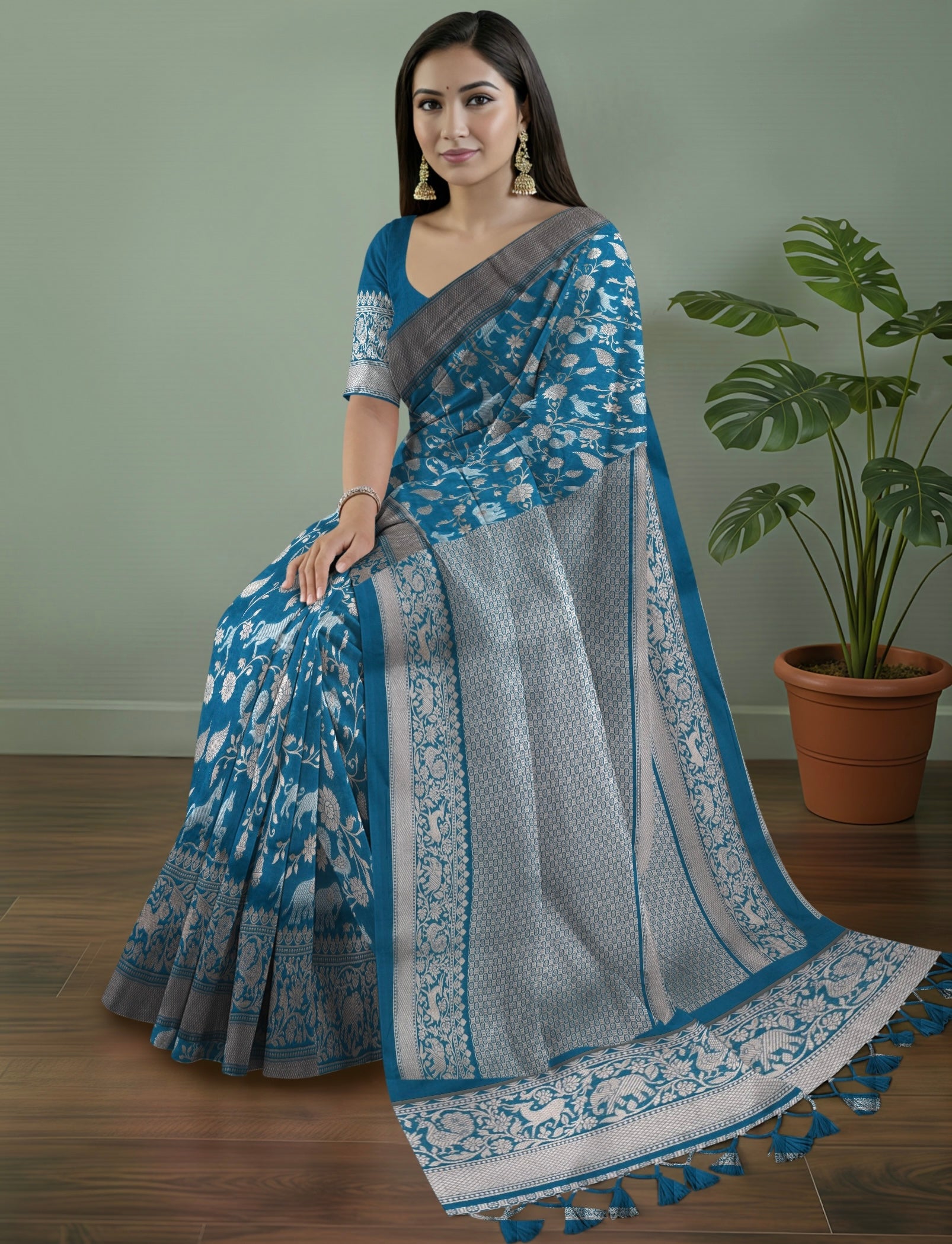 Pure Banarasi Katan Silk Saree with Elephant & Animal Motif Weaving and Silver Zari