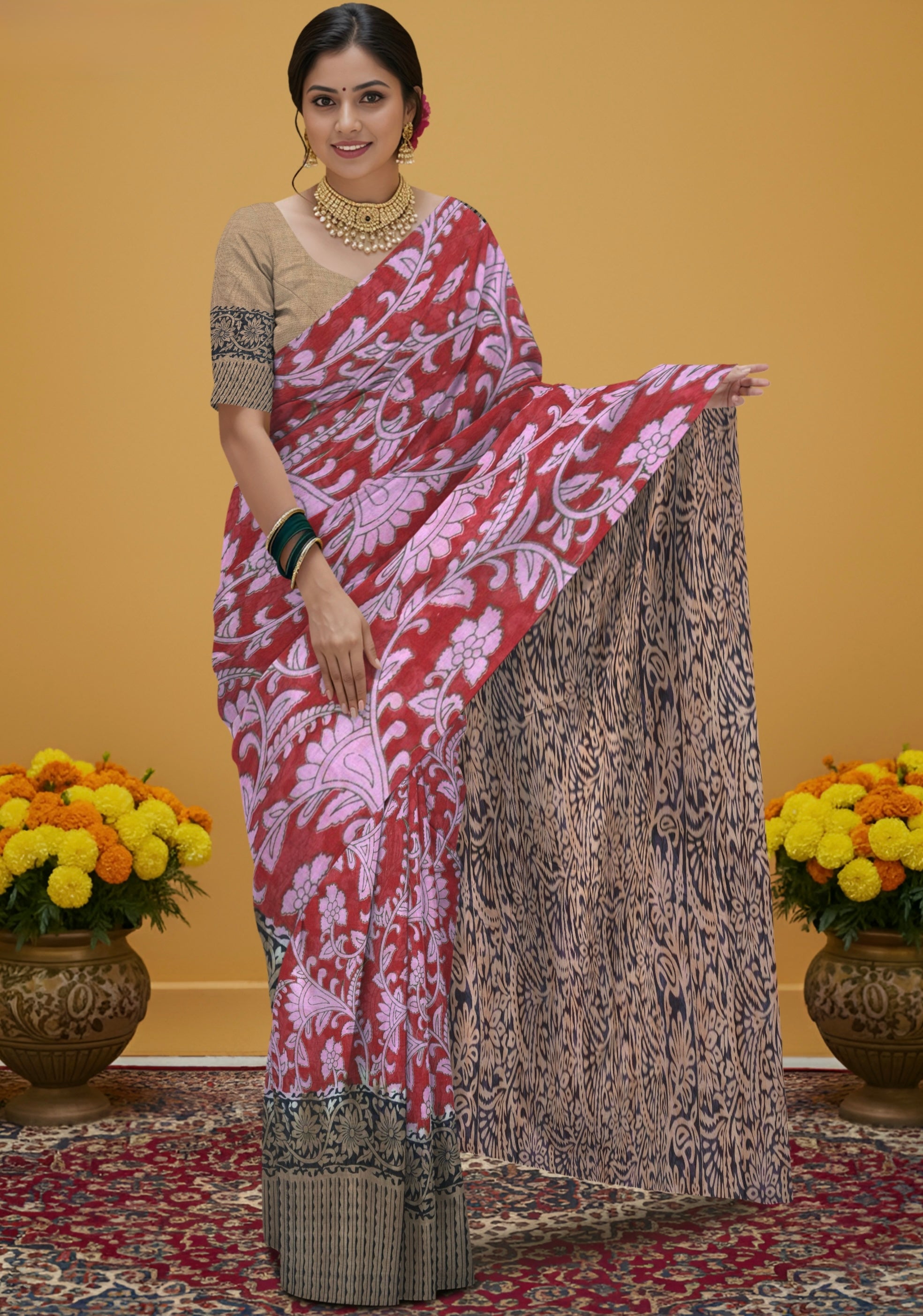 Kalamkari Floral Print Saree with Contrast Kalamkari Pallu & Border