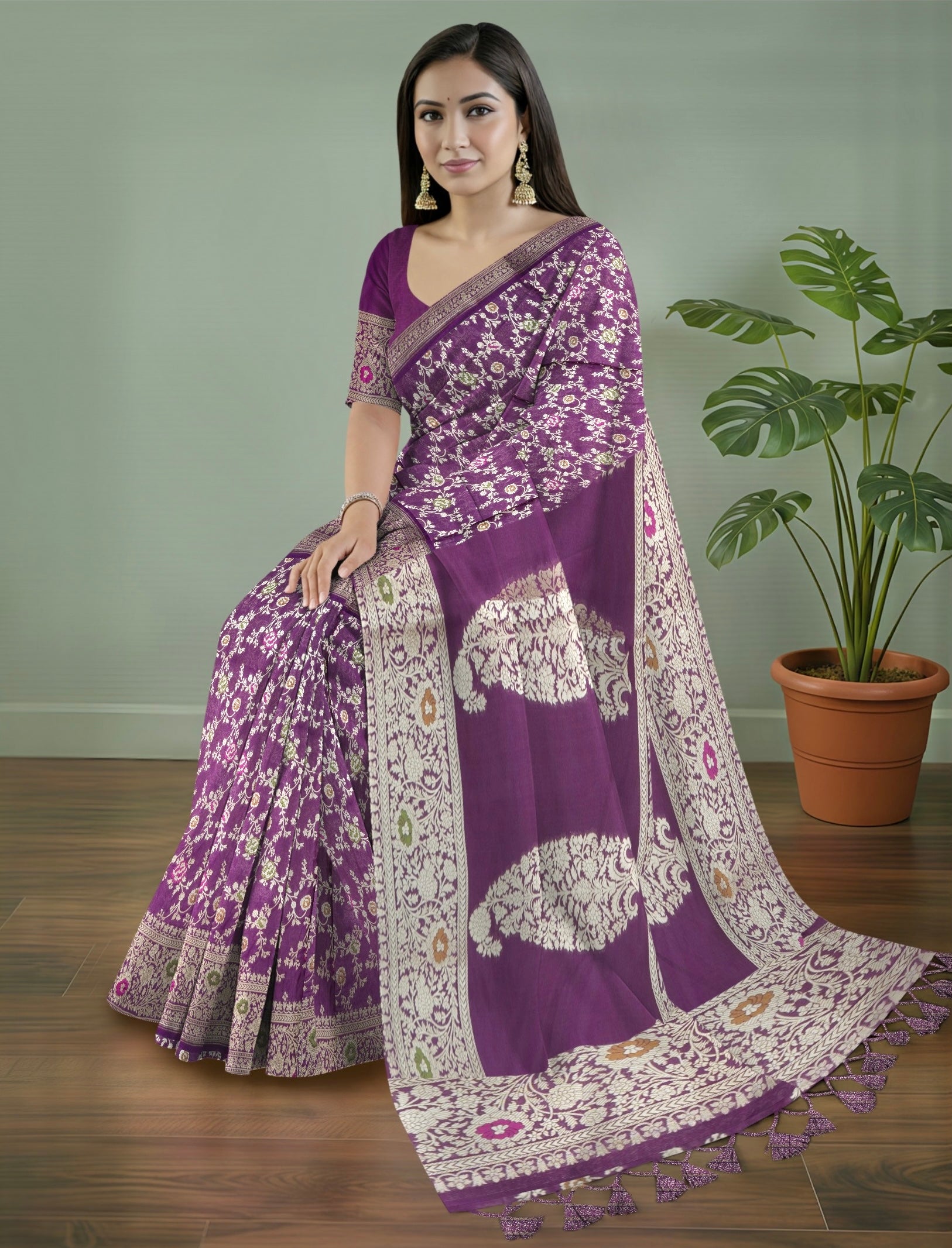 Pure Banarasi Katan Silk Saree in Purple with Silver Zari & Rich Zari Pallu
