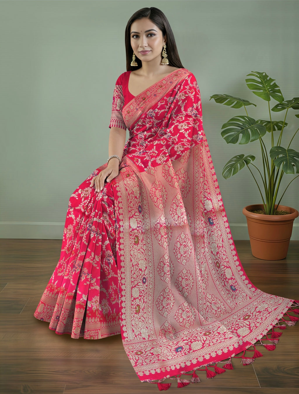 Pure Banarasi Katan Silk Saree in Deep Pink with Multicolor Floral Zari & Rich Zari Pallu