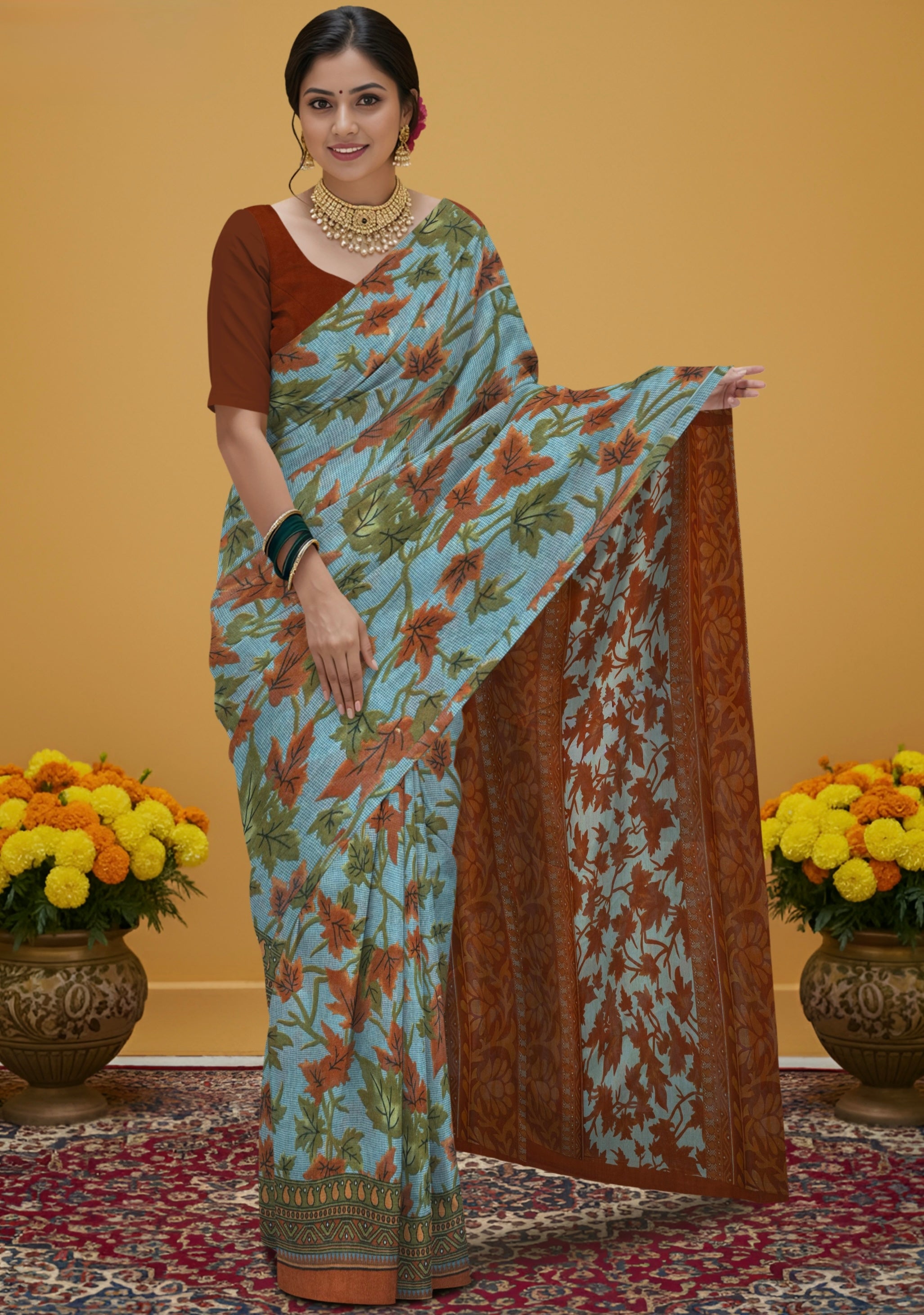 Pure Cotton Kalamkari Floral Design Saree – Traditional Handcrafted Elegance