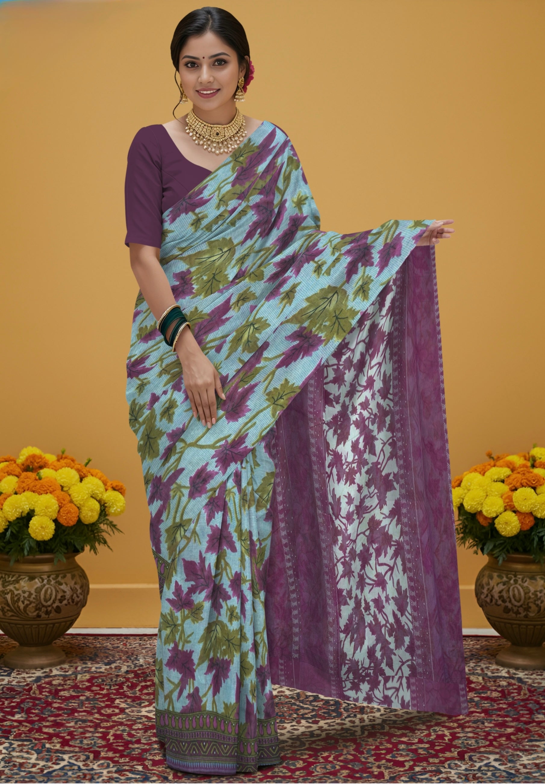 Pure Cotton Kalamkari Floral Design Saree – Traditional Handcrafted Elegance