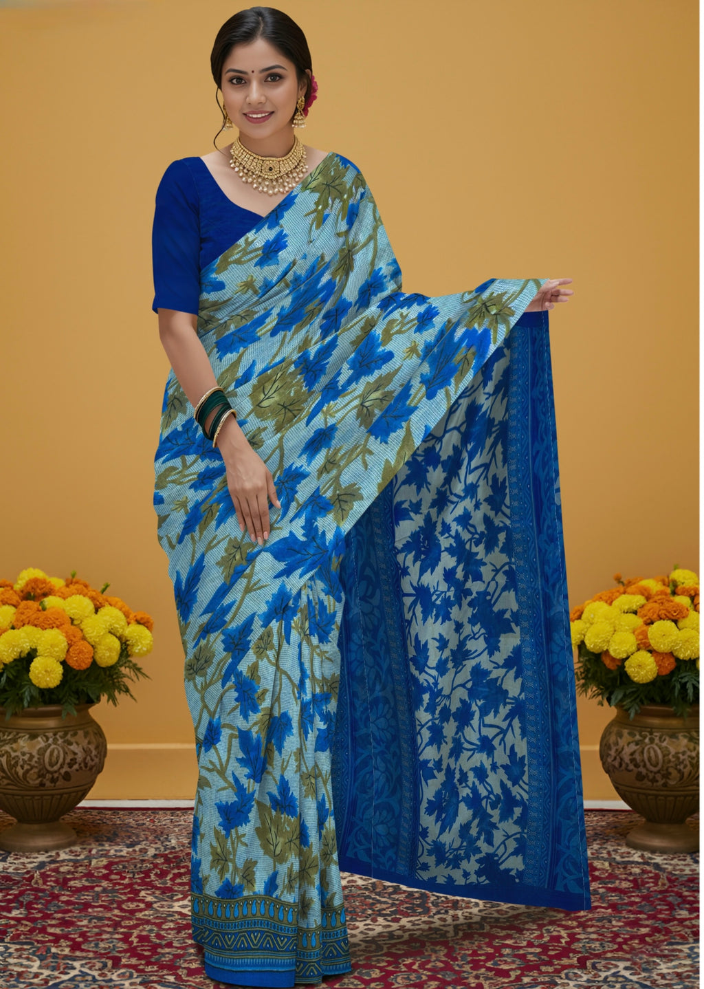 Pure Cotton Kalamkari Floral Design Saree – Traditional Handcrafted Elegance