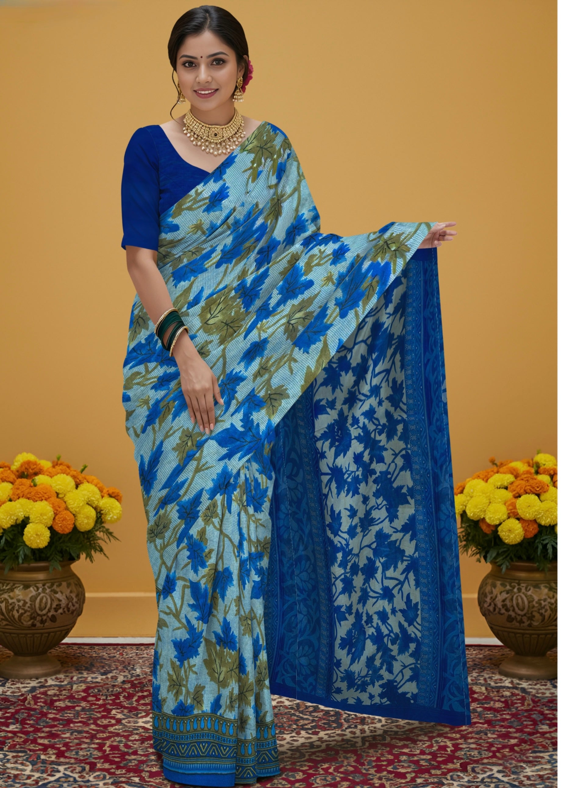 Pure Cotton Kalamkari Floral Design Saree – Traditional Handcrafted Elegance