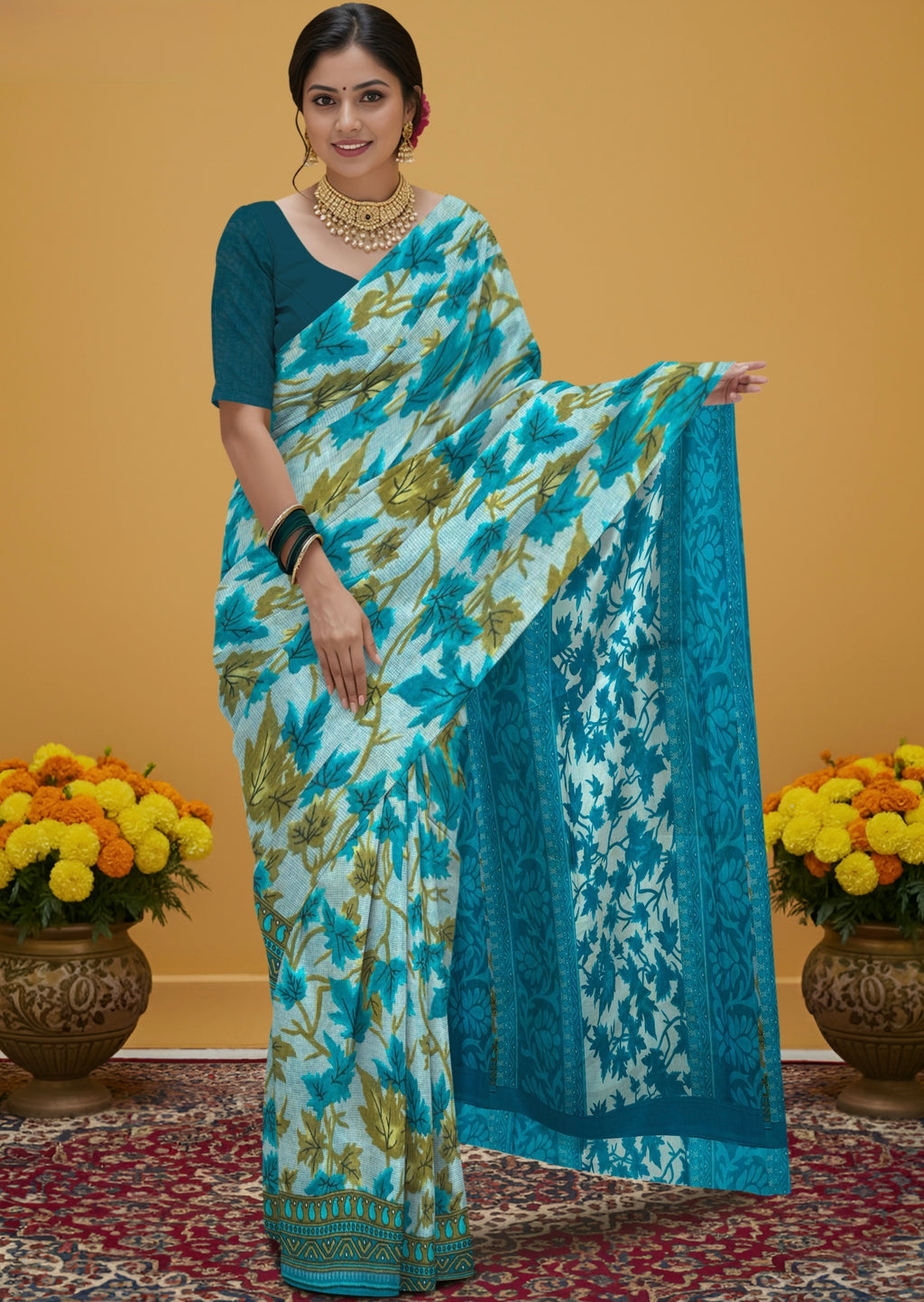 Pure Cotton Kalamkari Floral Design Saree – Traditional Handcrafted Elegance