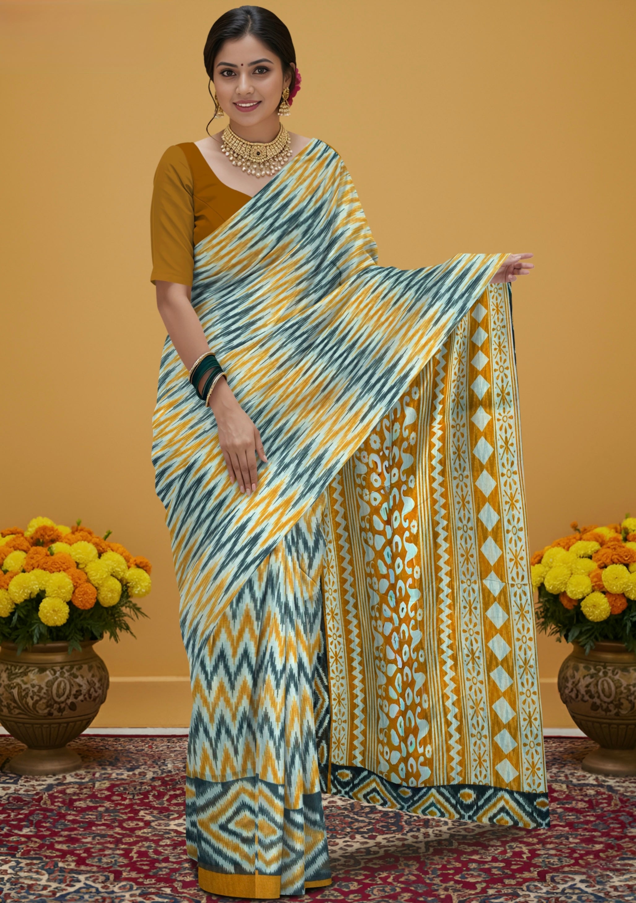 Pure Kalamkari Zig Zag Cotton Print Saree – Artistic Handcrafted Elegance