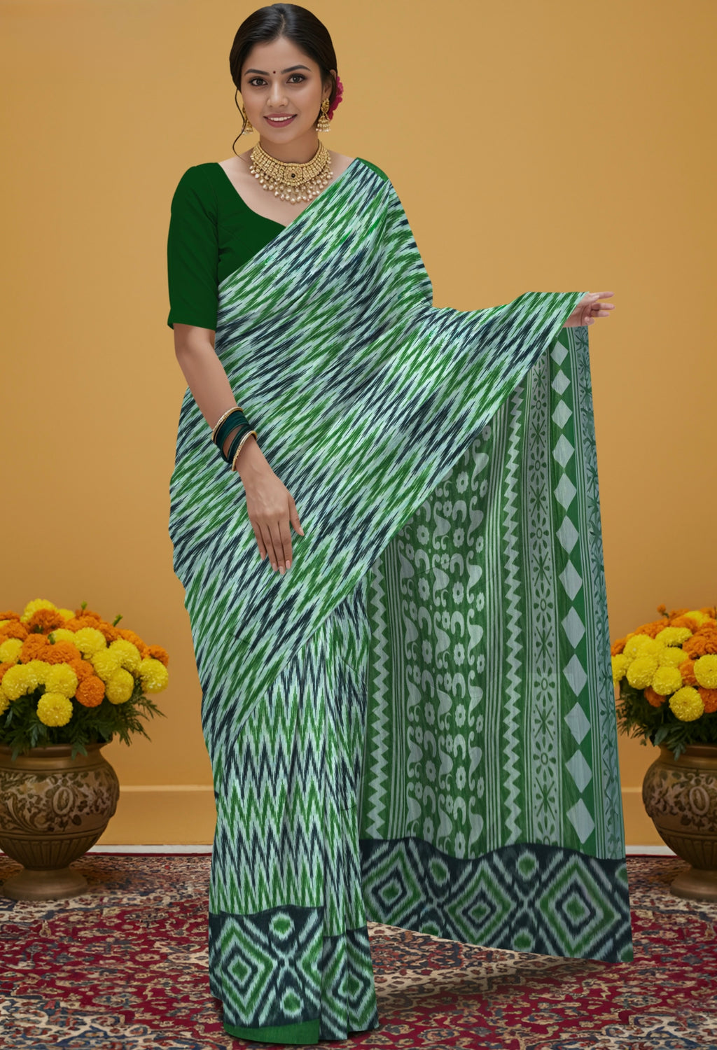 Pure Kalamkari Zig Zag Cotton Print Saree – Artistic Handcrafted Elegance