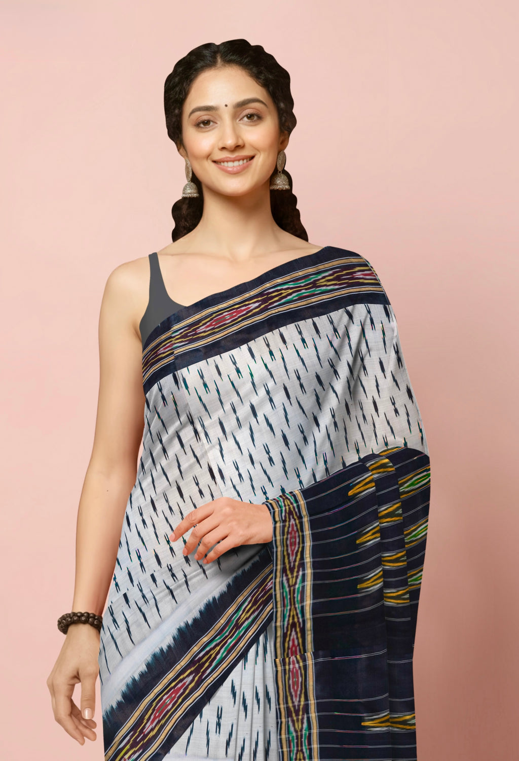Pure Pochampally silk saree in Grey with designer pallu without blouse