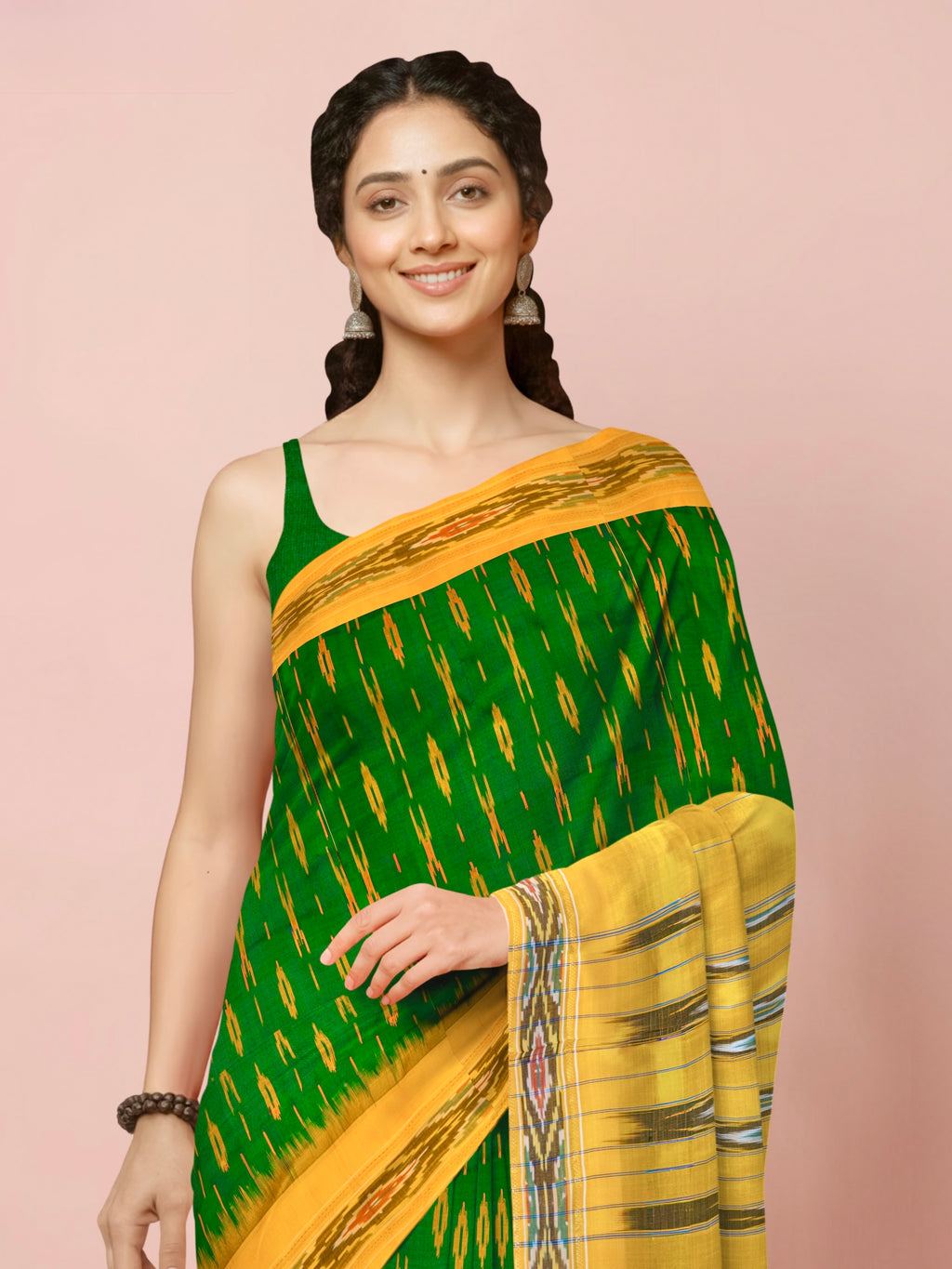 Pure Pochampally weaving silk saree in Deep green without Blouse