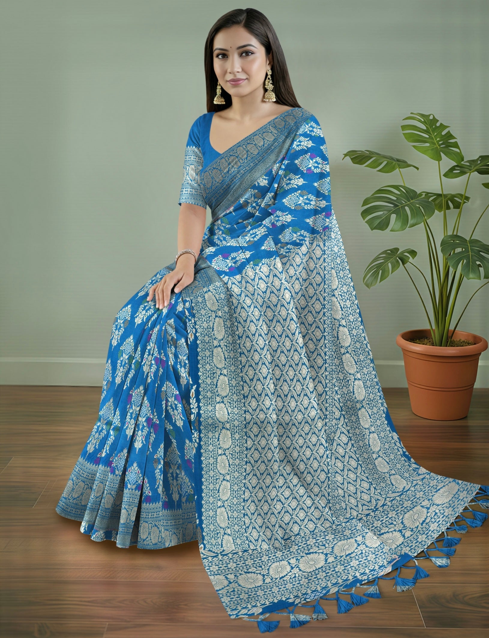 Pure Banarasi Katan Silk Saree in Royal Blue with Multicolor Floral Zari & Rich Zari Pallu