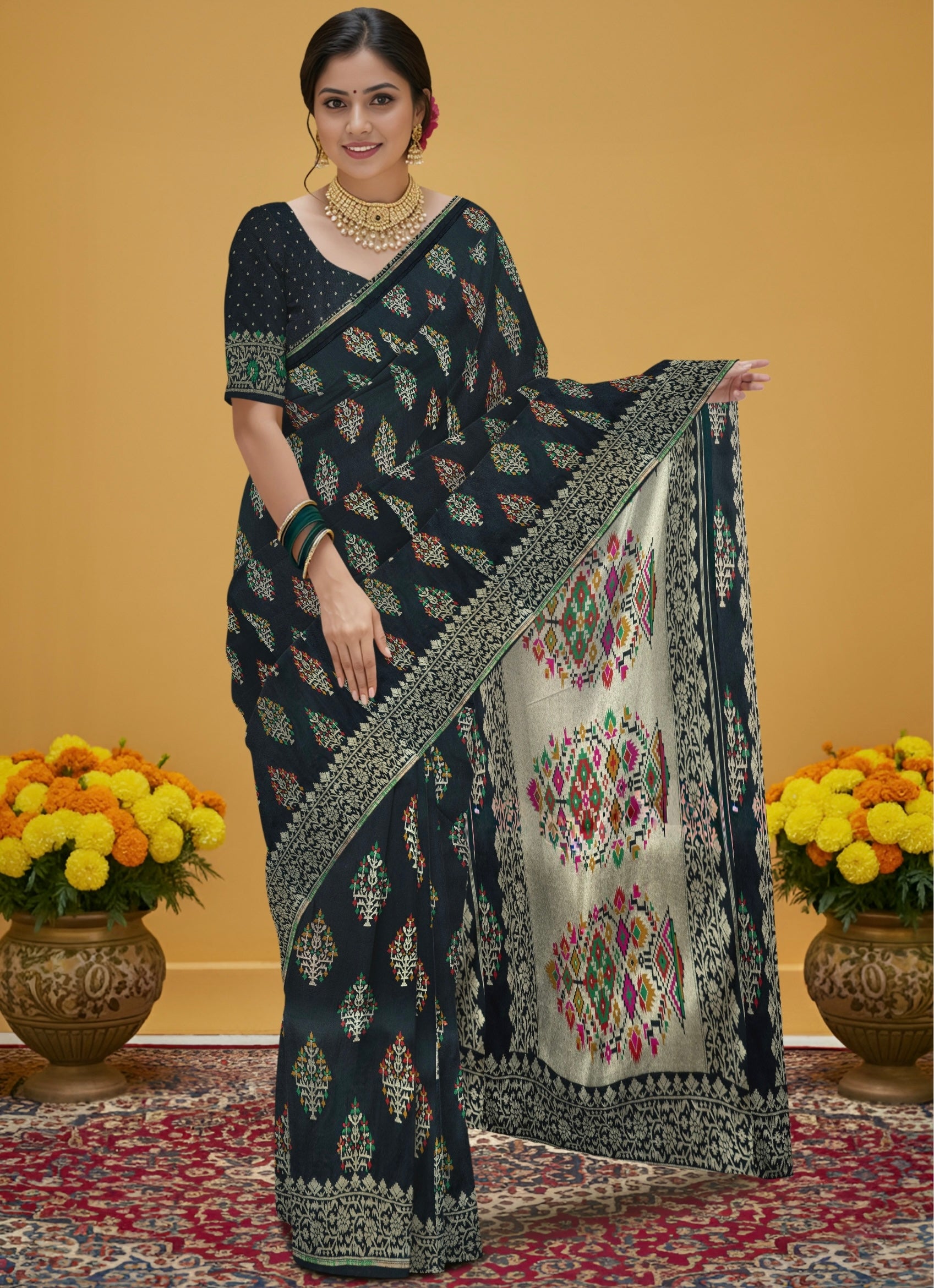 Pure Banarasi Katan Silk Saree in Bold Black with Multicolor Floral Zari & Rich Zari Pallu
