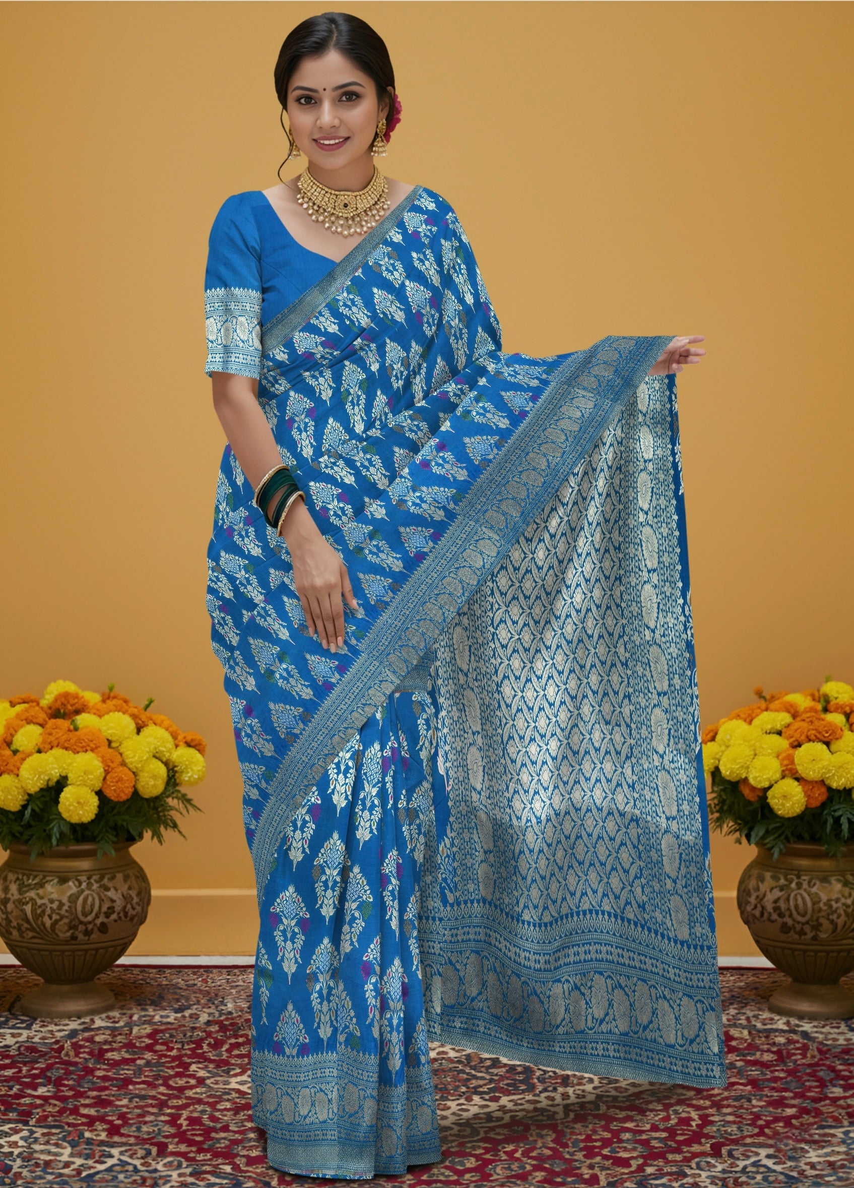 Pure Banarasi Katan Silk Saree in Royal Blue with Multicolor Floral Zari & Rich Zari Pallu