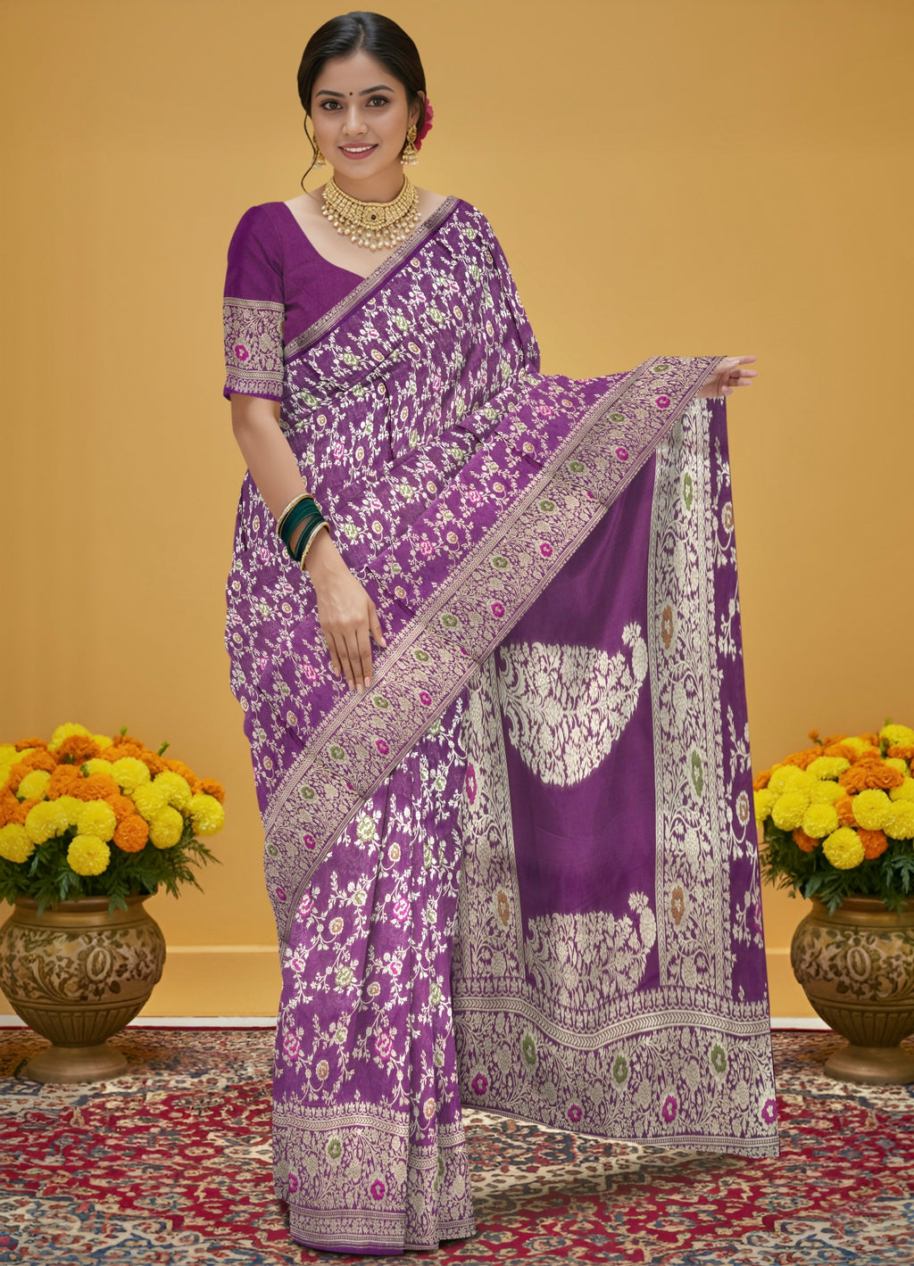 Pure Banarasi Katan Silk Saree in Purple with Silver Zari & Rich Zari Pallu