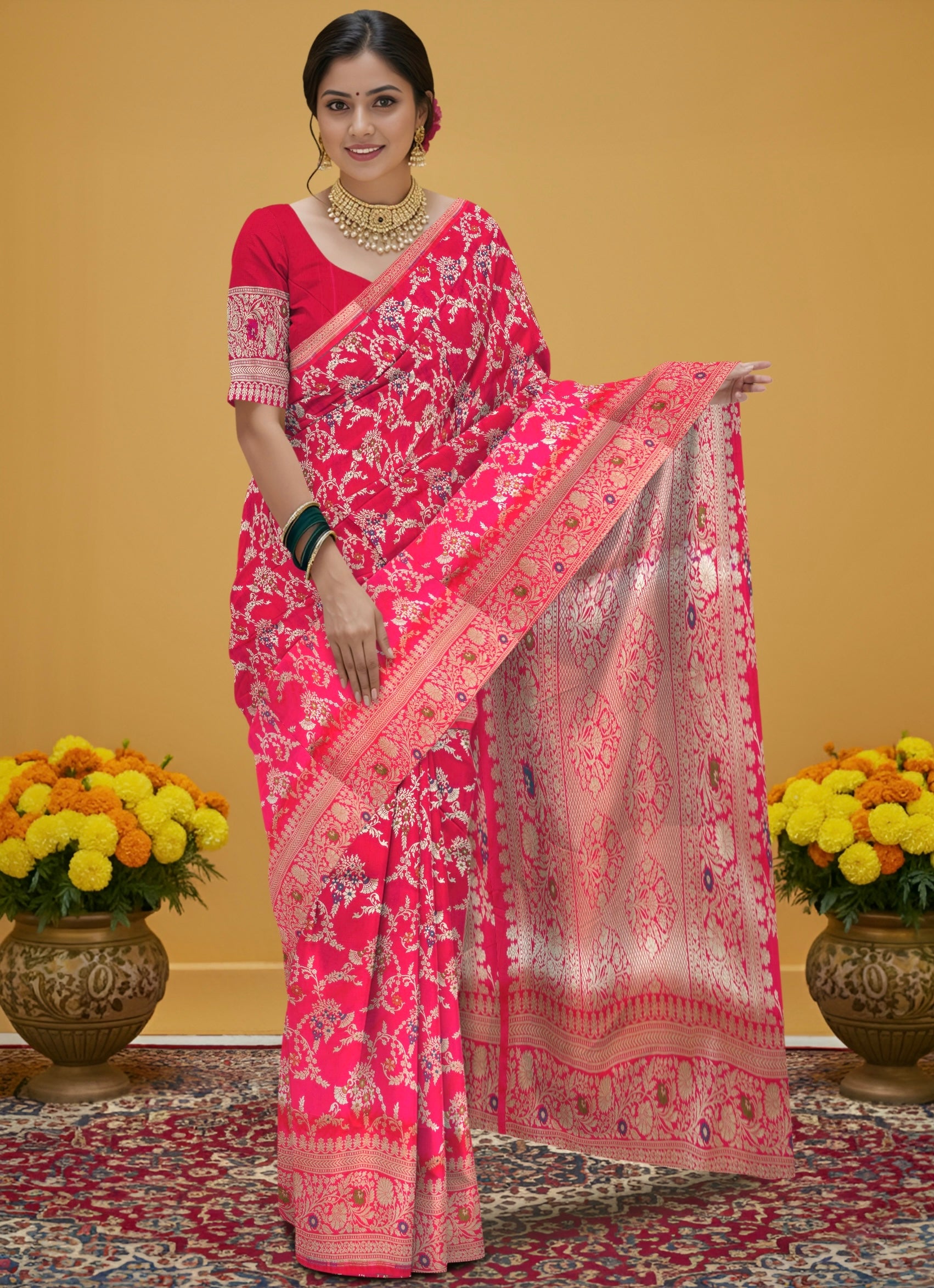 Pure Banarasi Katan Silk Saree in Deep Pink with Multicolor Floral Zari & Rich Zari Pallu