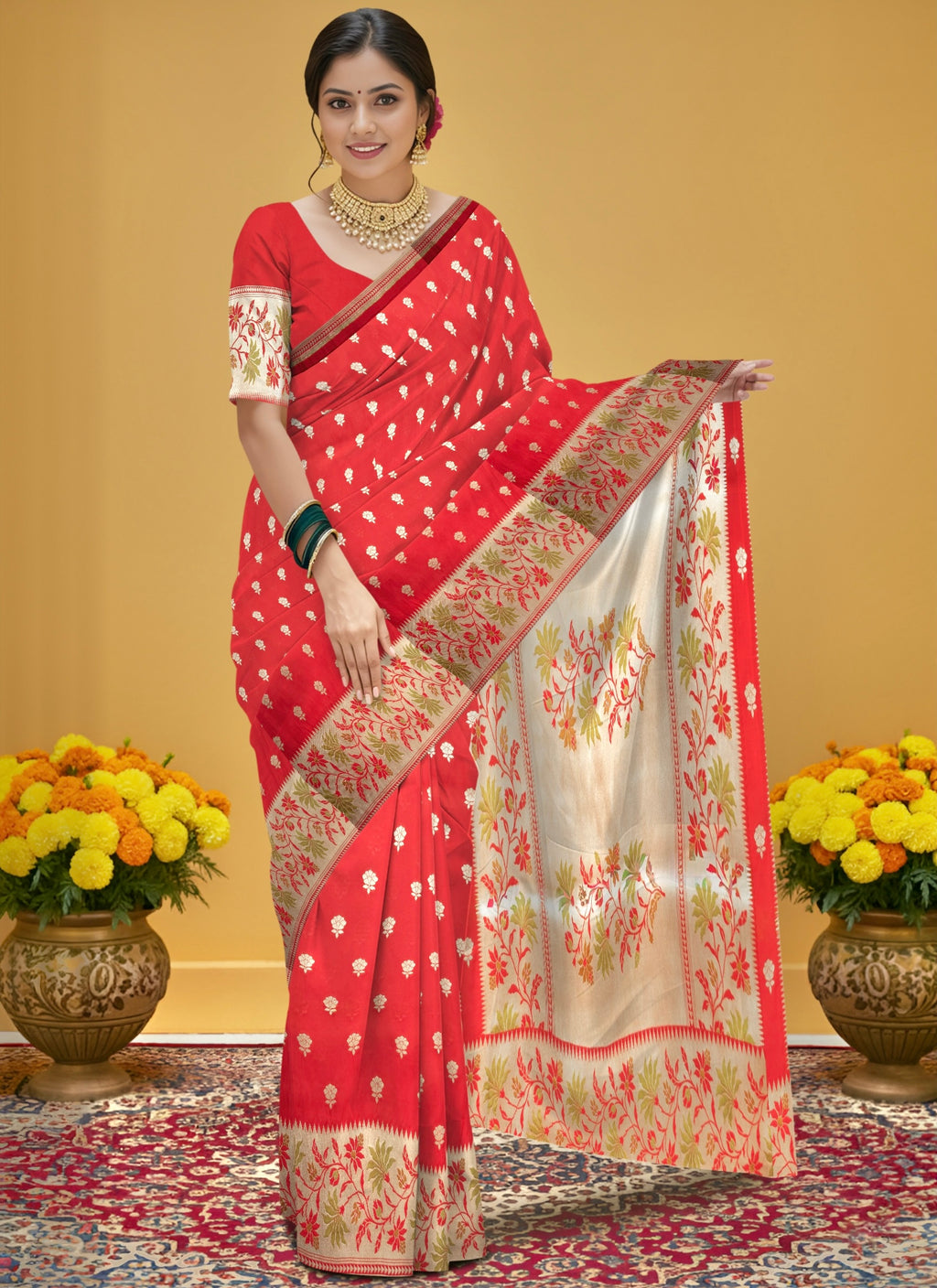 Pure Banarasi Katan Silk Saree in Deep Red with Floral Zari & Rich Zari Pallu