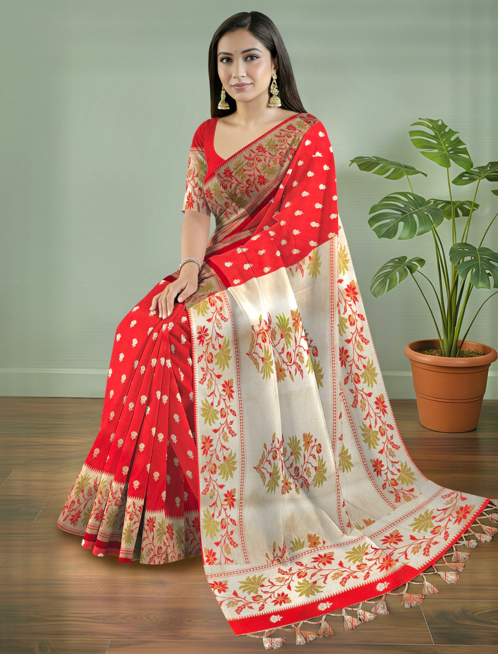 Pure Banarasi Katan Silk Saree in Deep Red with Floral Zari & Rich Zari Pallu