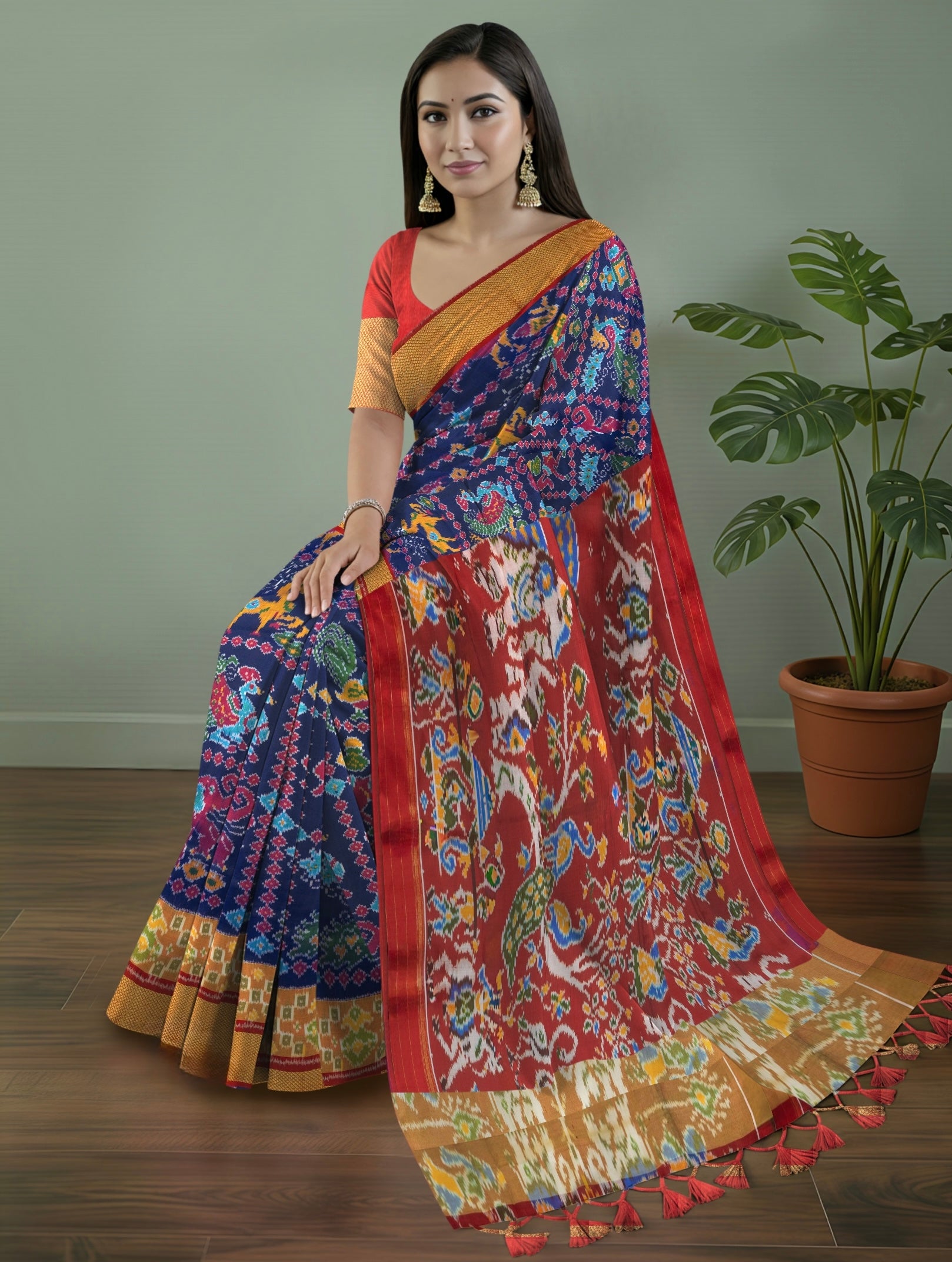 Pure Pochampally Double Ikat Silk Saree in Blue with Multicolor Ikat & Red Animal Pallu