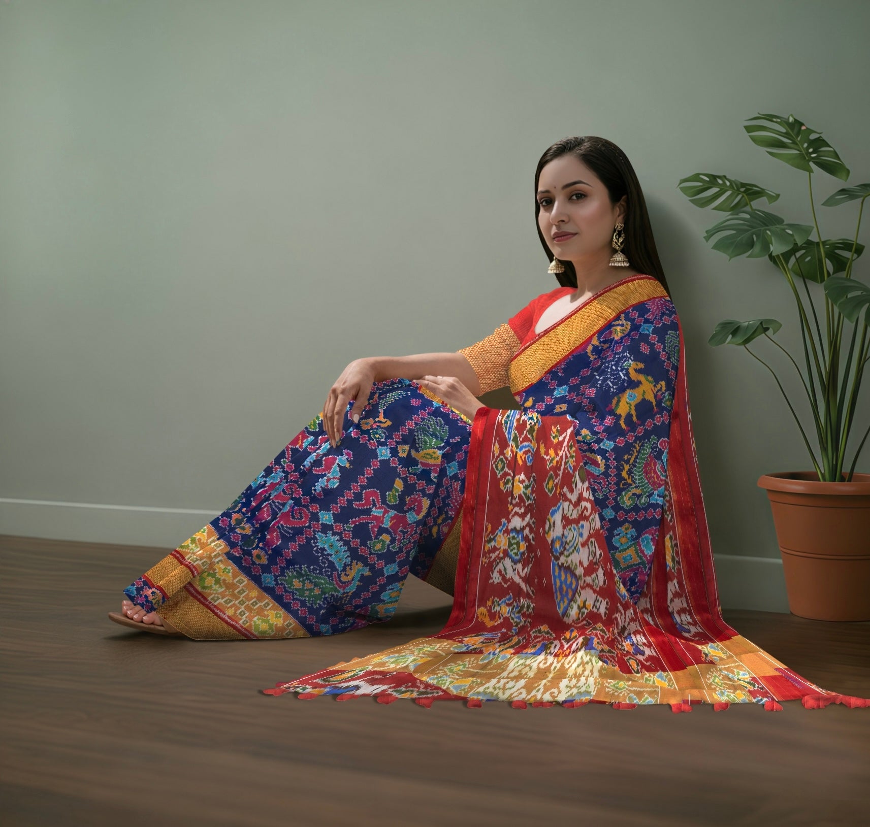 Pure Pochampally Double Ikat Silk Saree in Blue with Multicolor Ikat & Red Animal Pallu