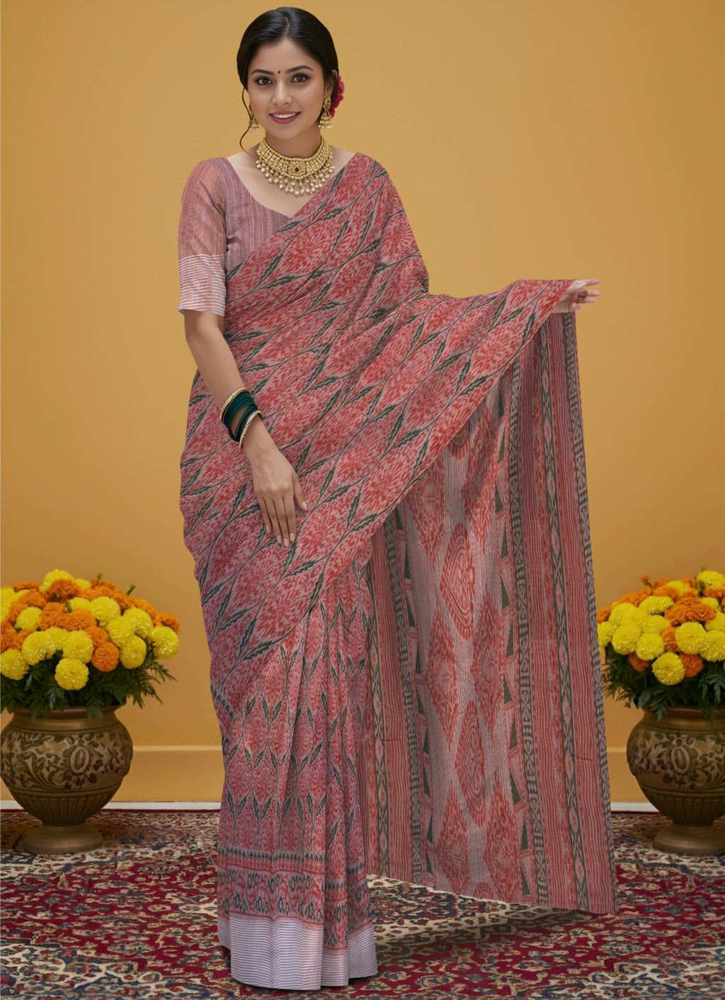 Kalamkari saree in designer print pallu and plain blouse