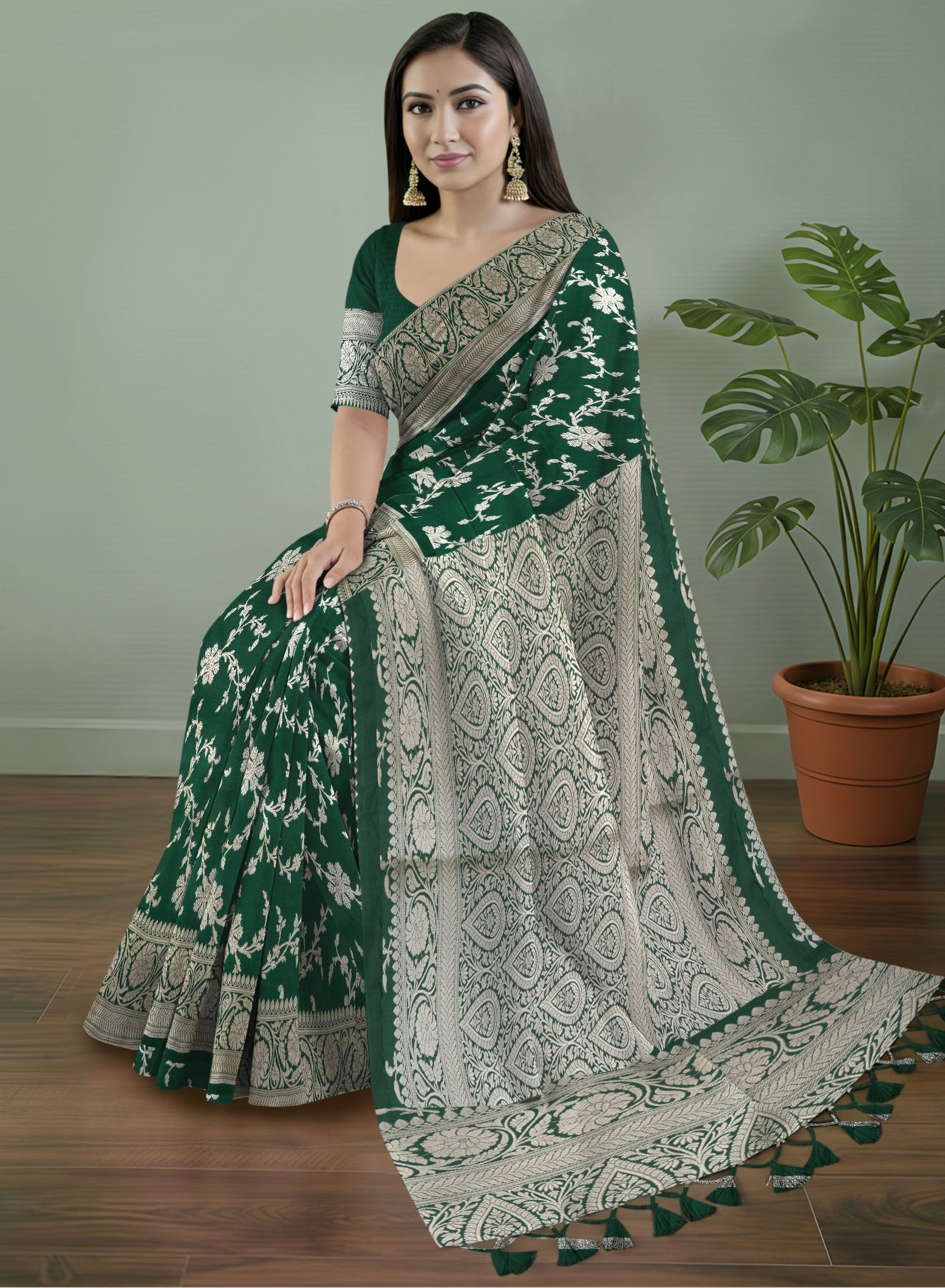 Pure Banarasi Katan Silk Saree in Deep Bottle Green with Multicolor Floral Zari & Grand Zari Pallu