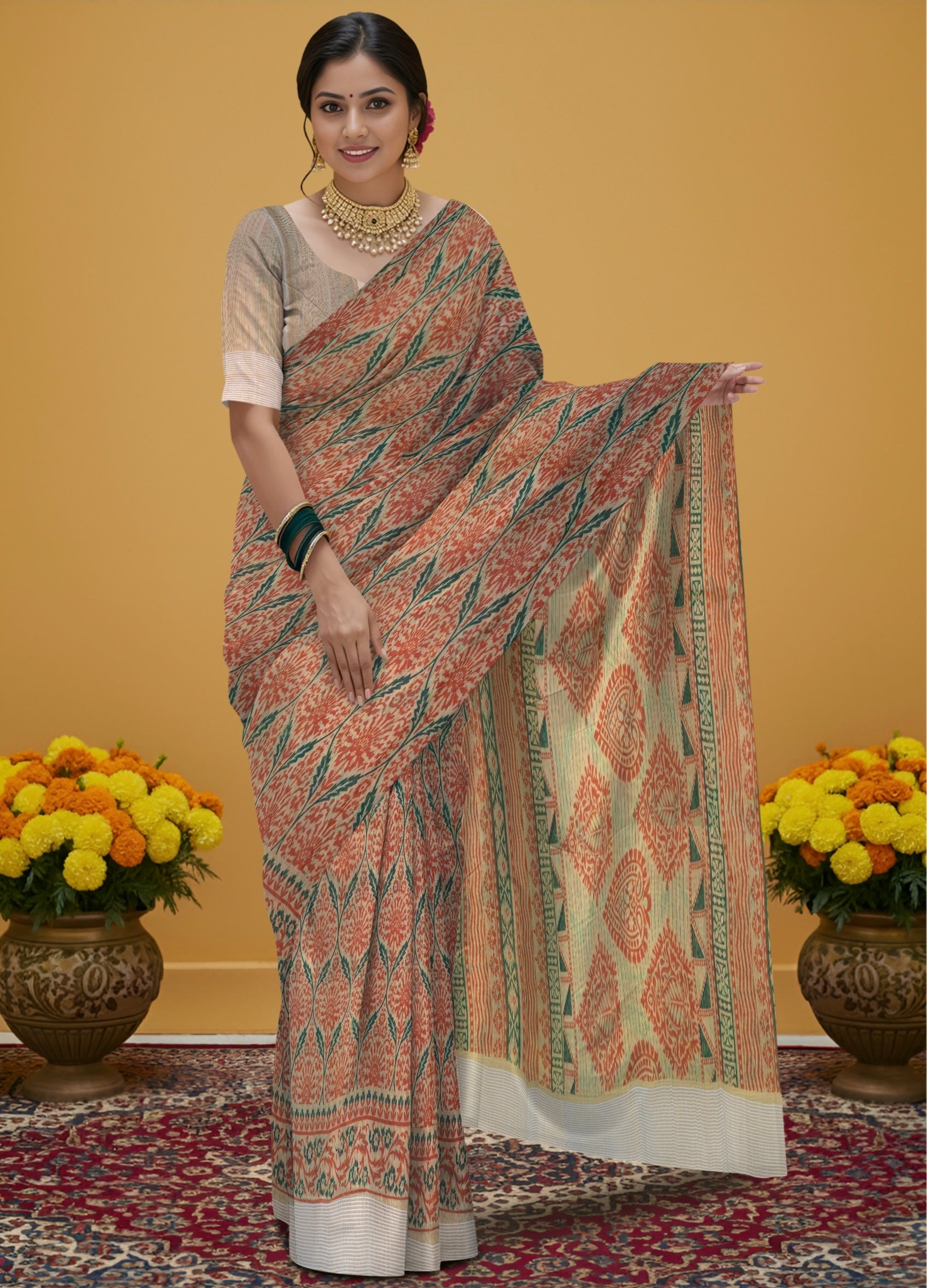 Kalamkari saree in designer print pallu and plain blouse