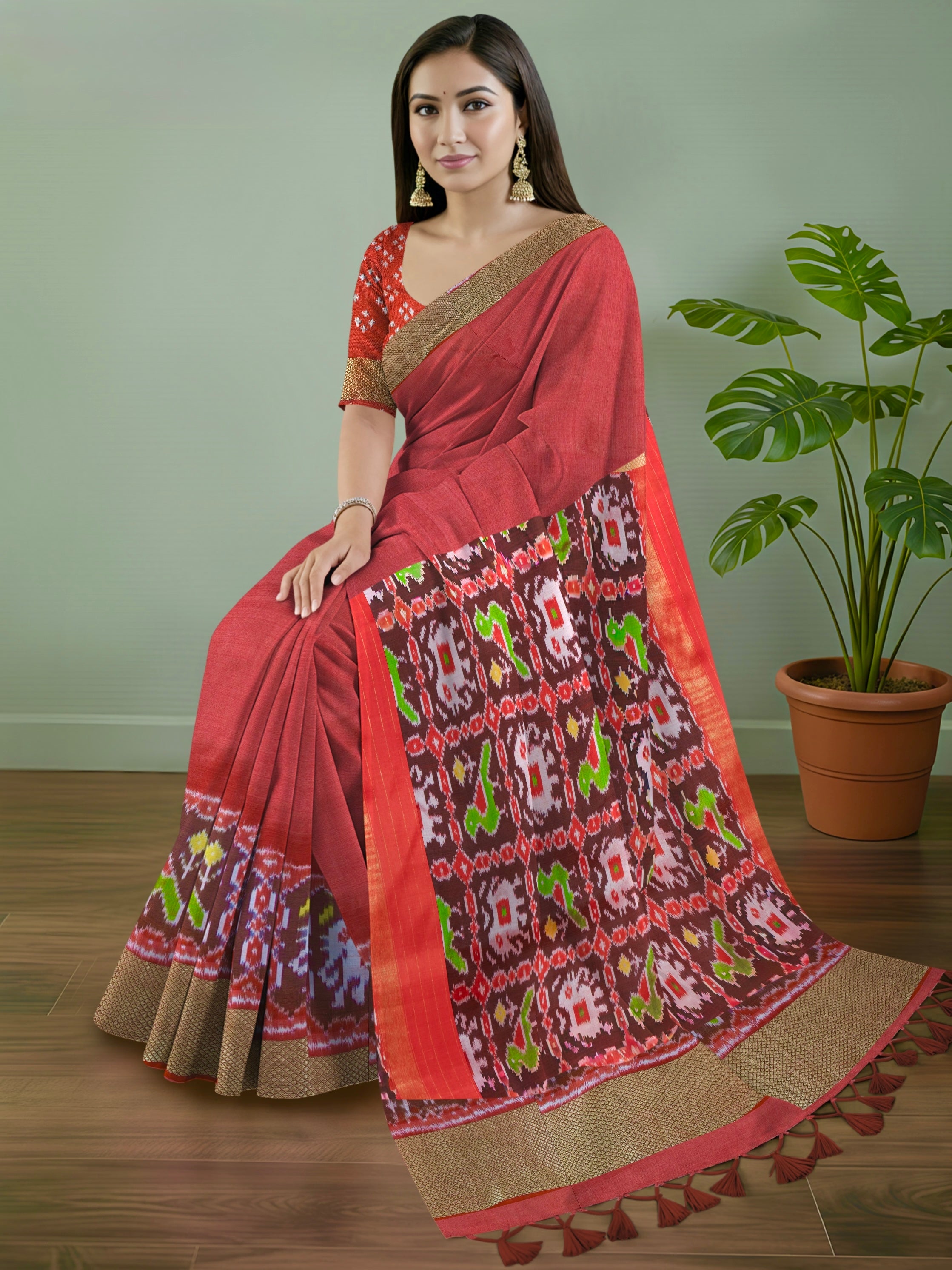 Pure Pochampally silk saree in Red with designer pallu and Blouse Red