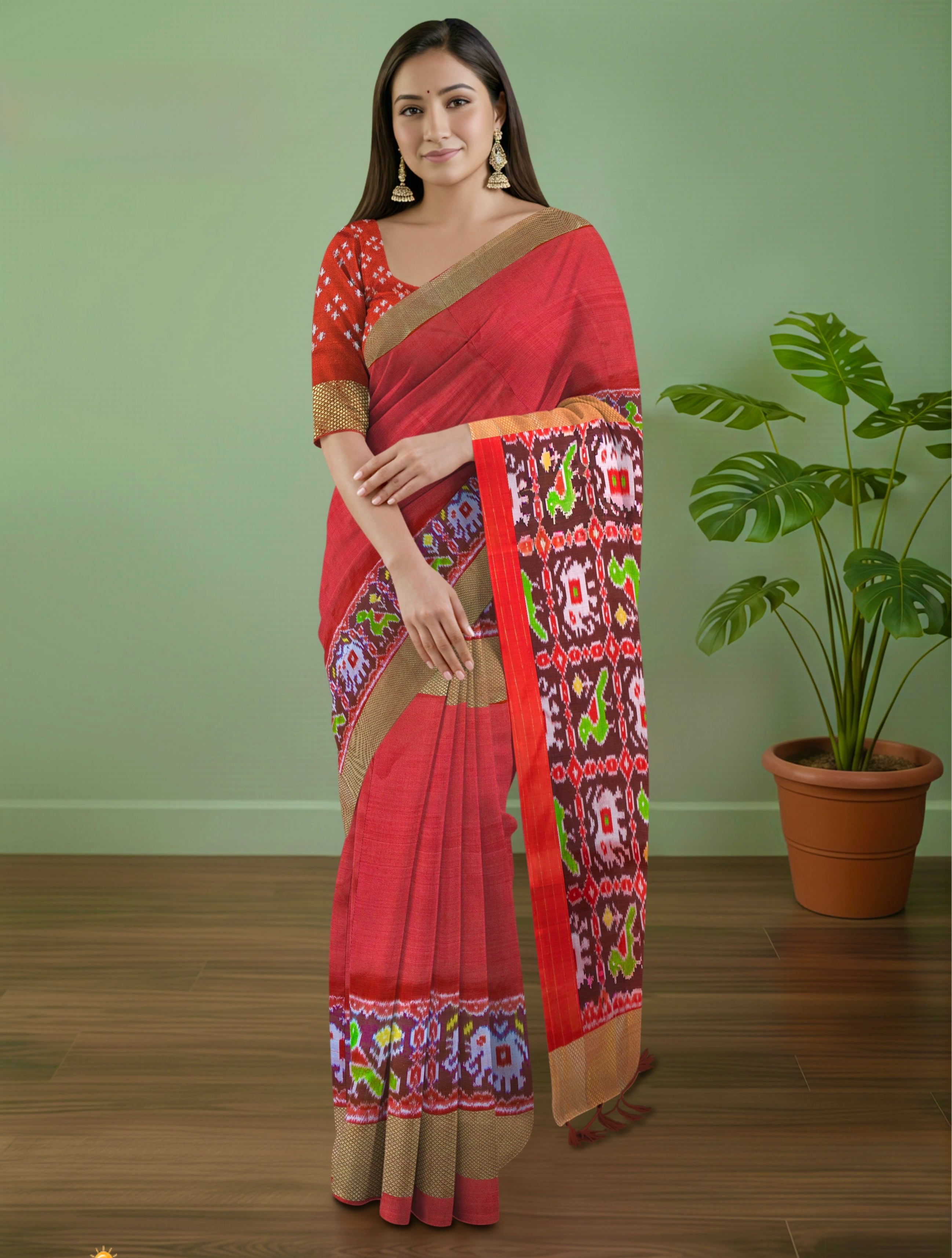 Pure Pochampally silk saree in Red with designer pallu and Blouse Red