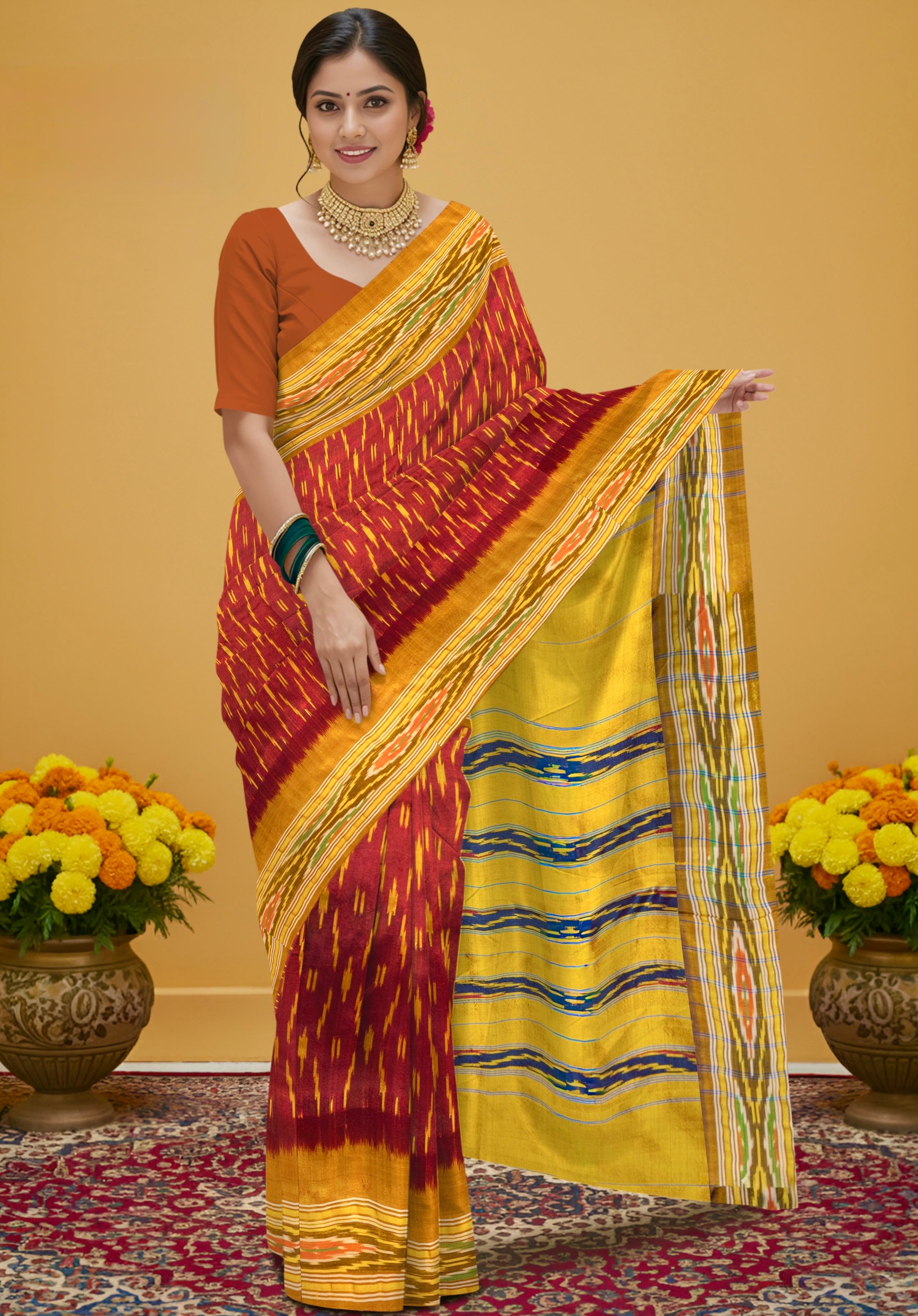 Pure Pochampally silk saree in blue colour with contrast pallu without Blouse