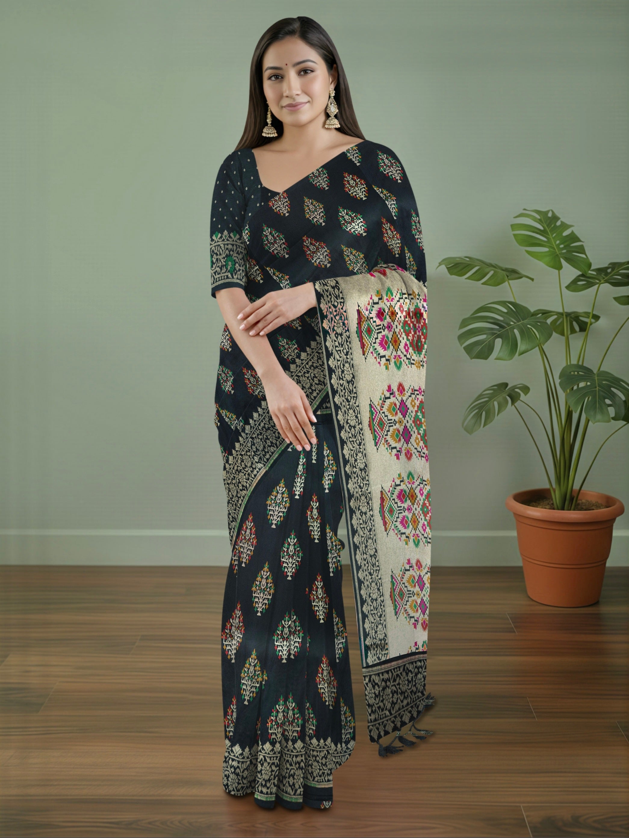 Pure Banarasi Katan Silk Saree in Bold Black with Multicolor Floral Zari & Rich Zari Pallu