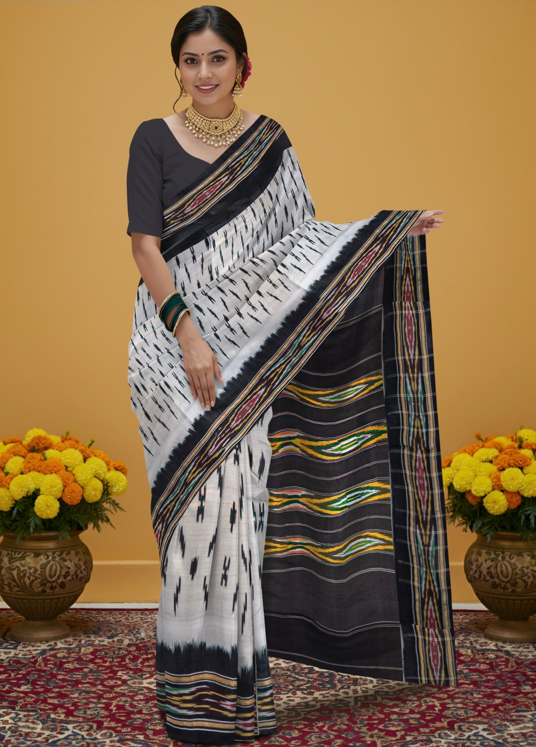 Pure Pochampally silk saree in Grey with designer pallu without blouse