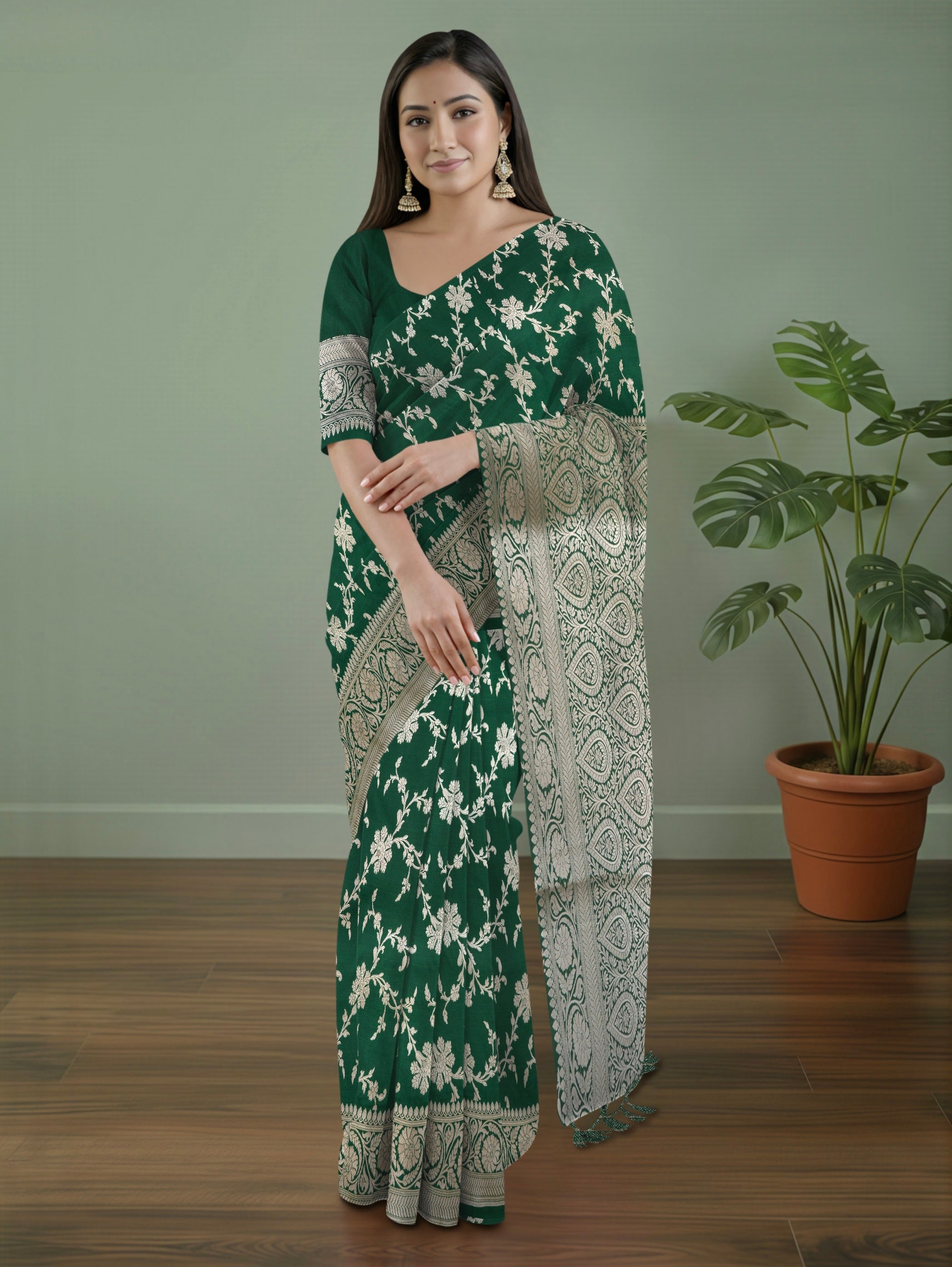 Pure Banarasi Katan Silk Saree in Deep Bottle Green with Multicolor Floral Zari & Grand Zari Pallu