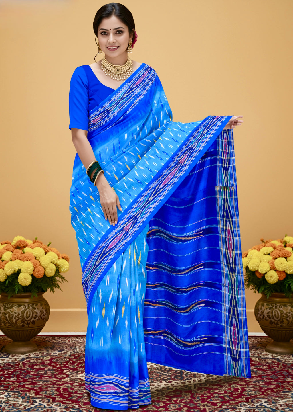 Pure Pochampally weaving silk saree in Sky blue without Blouse