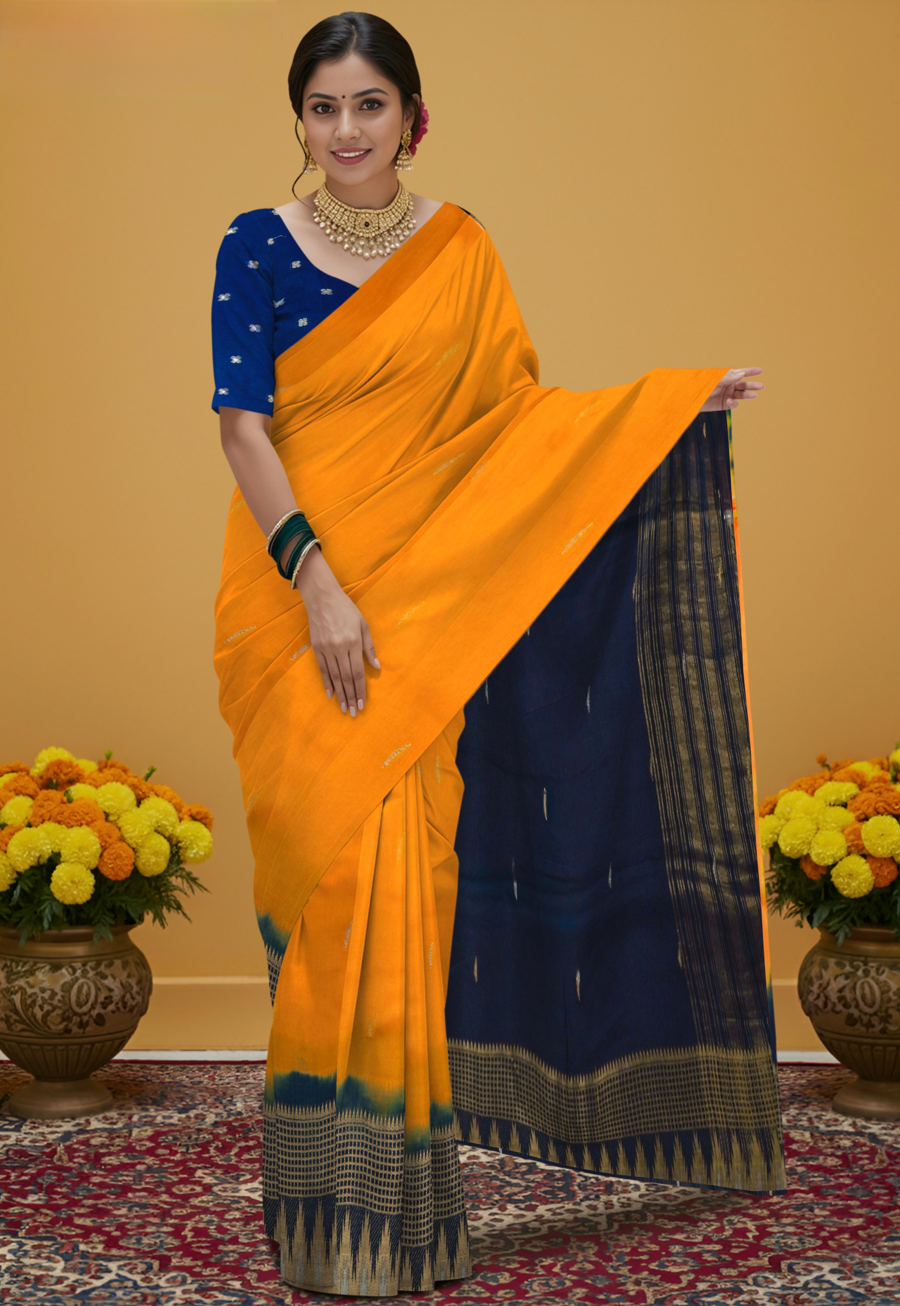 Mustard Weaving Silk Saree with Butta Design & Blue Contrast Pallu