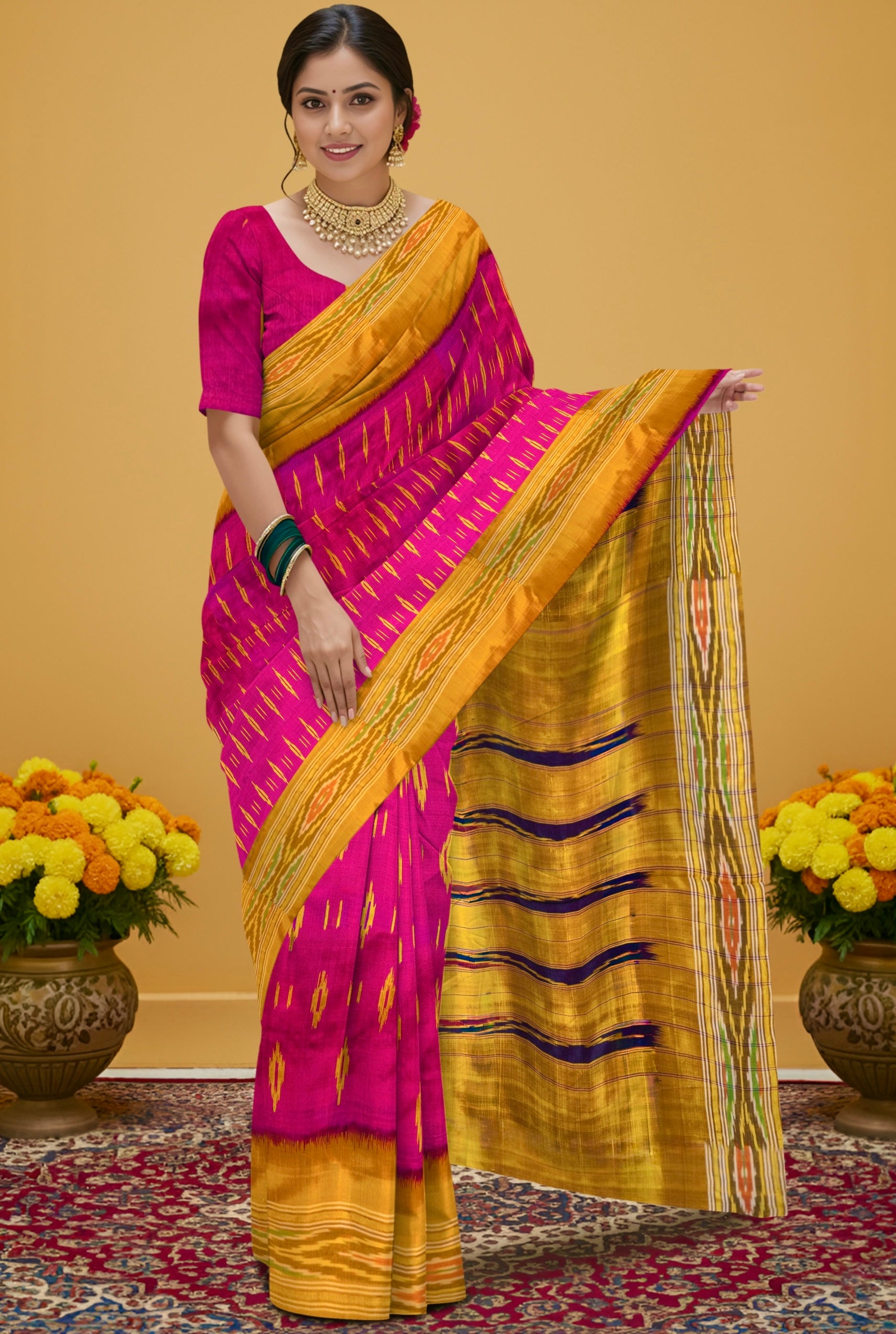 Pure Pochampally weaving silk saree in Pink without Blouse