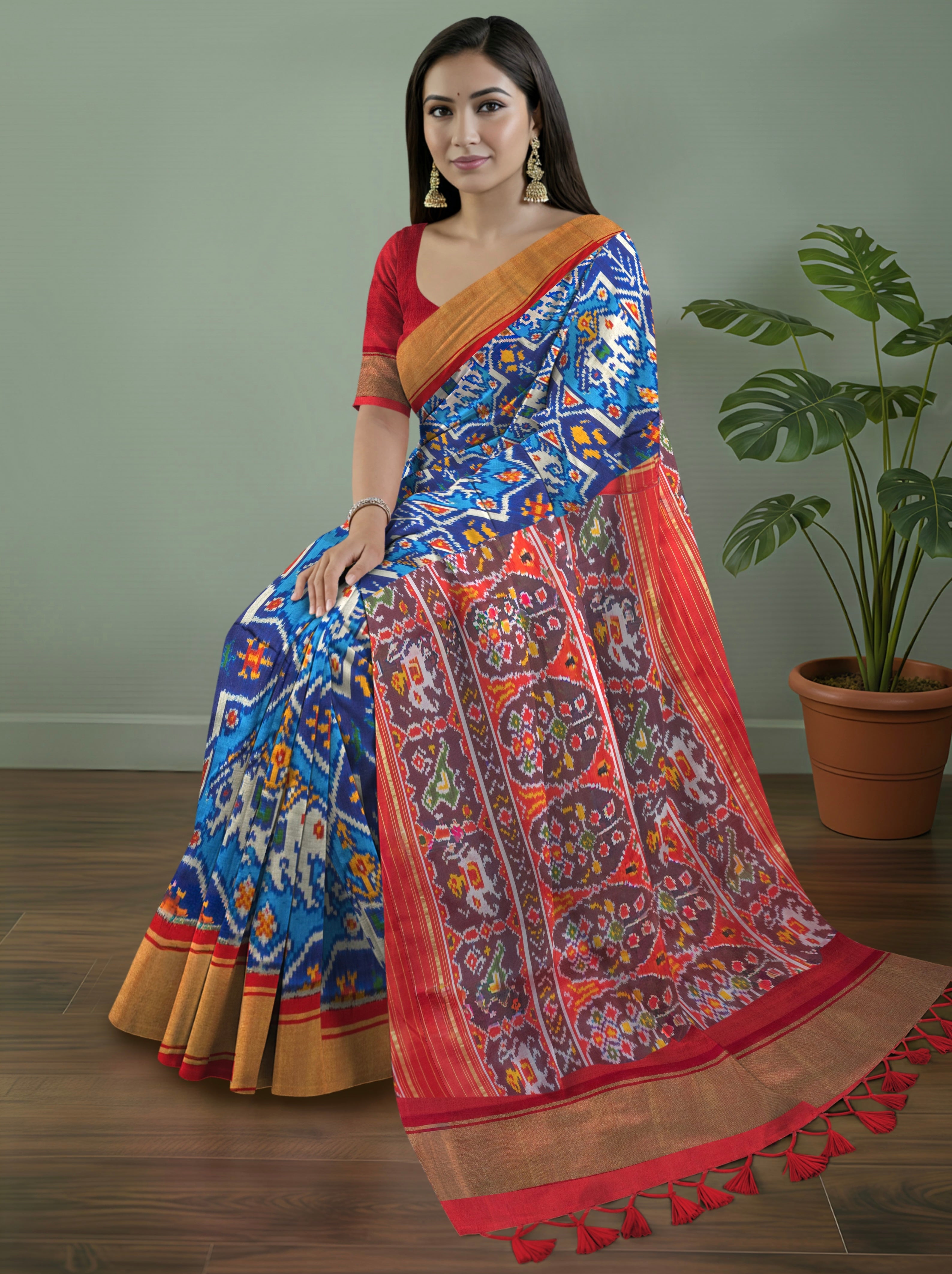 Pure Pochampally silk saree in Blue double ikkat with designer pallu and contrast Blouse