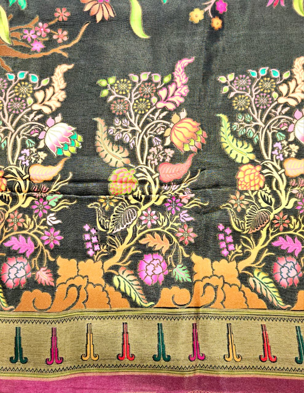 Kanchivaram floral work saree in black base with pallu and floral blouse