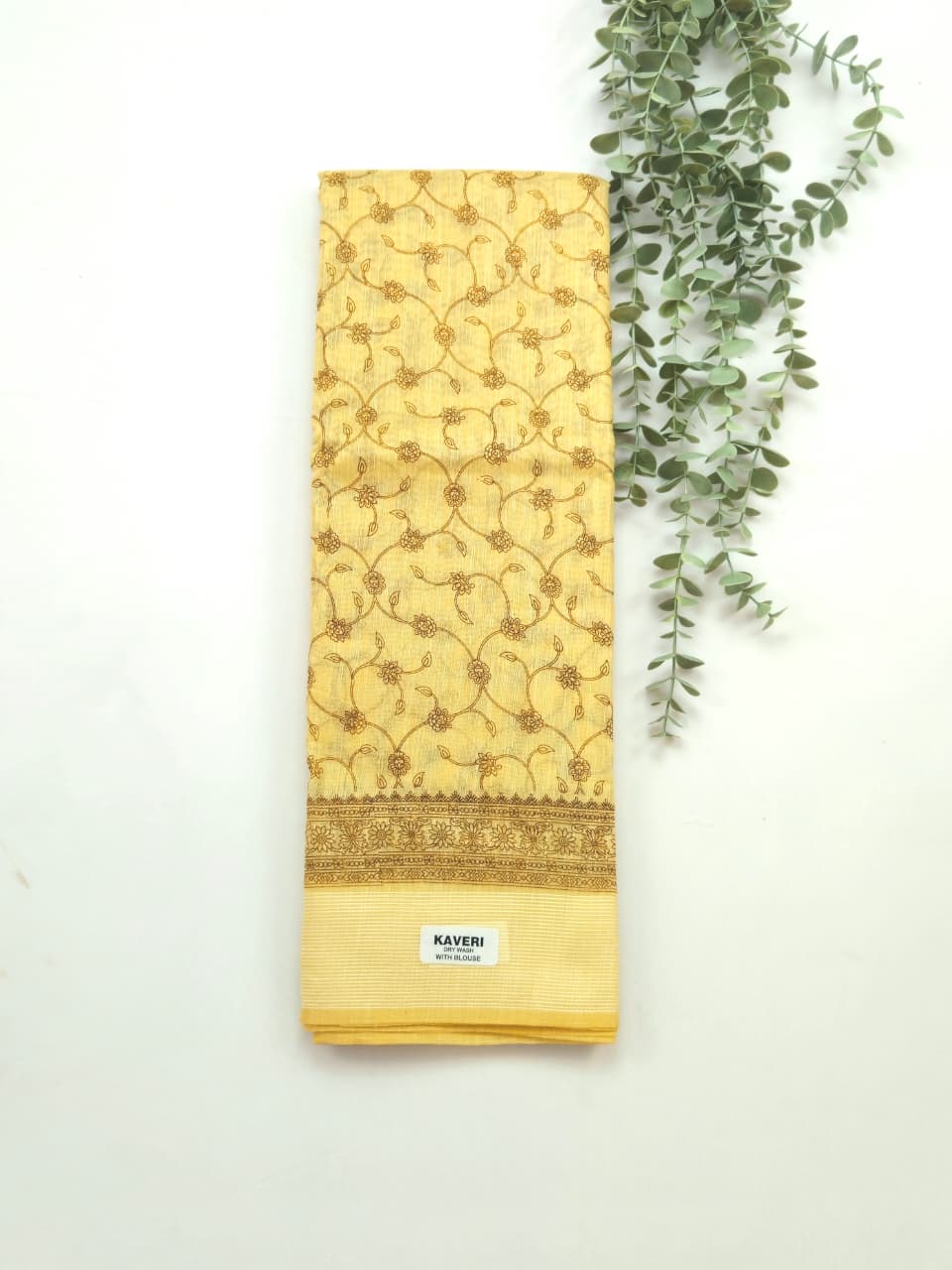 Kalamkari saree in yellow color with designer printed pallu and plain blouse