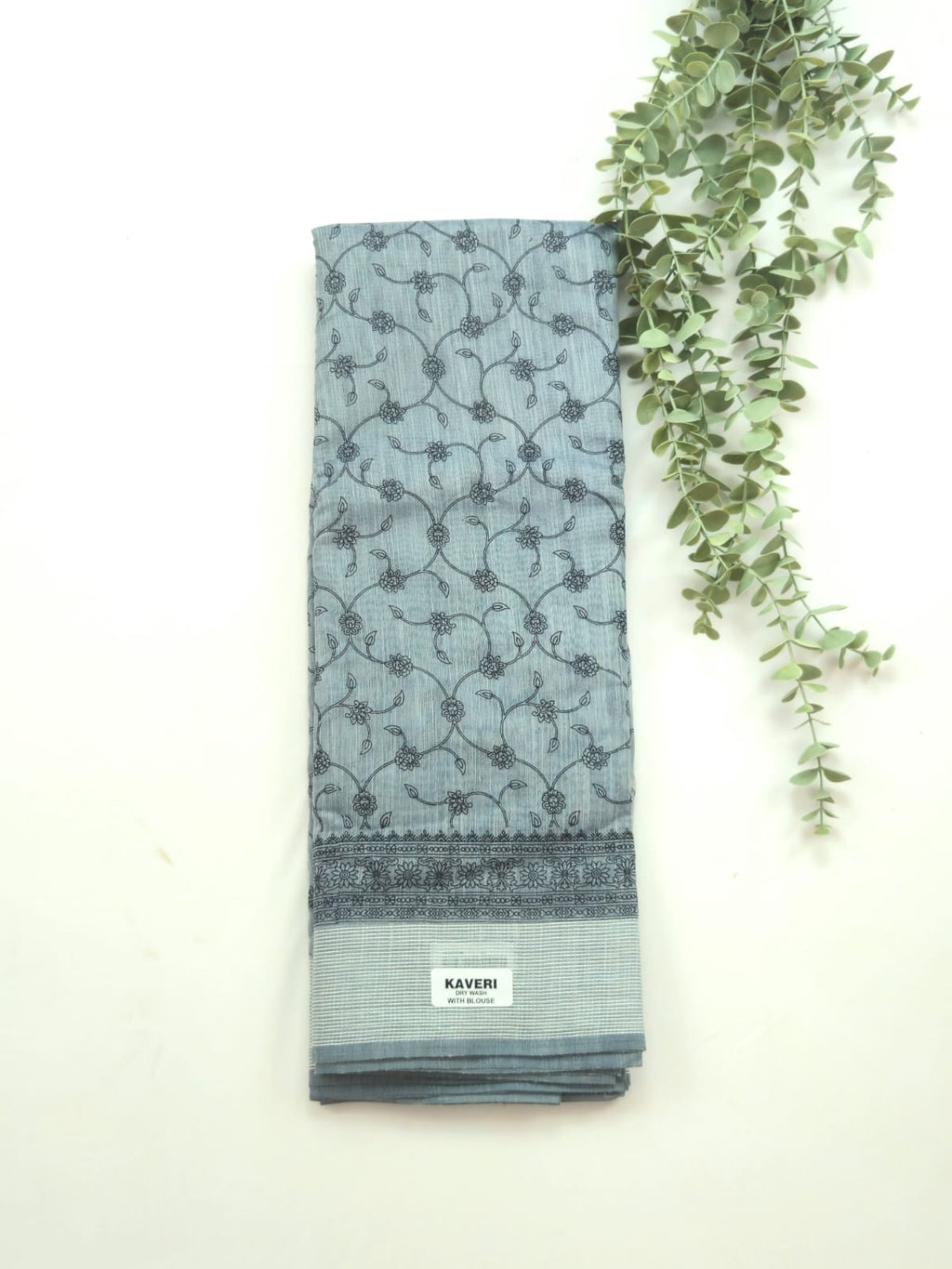 Kalamkari saree in Grey color with designer printed pallu and plain blouse