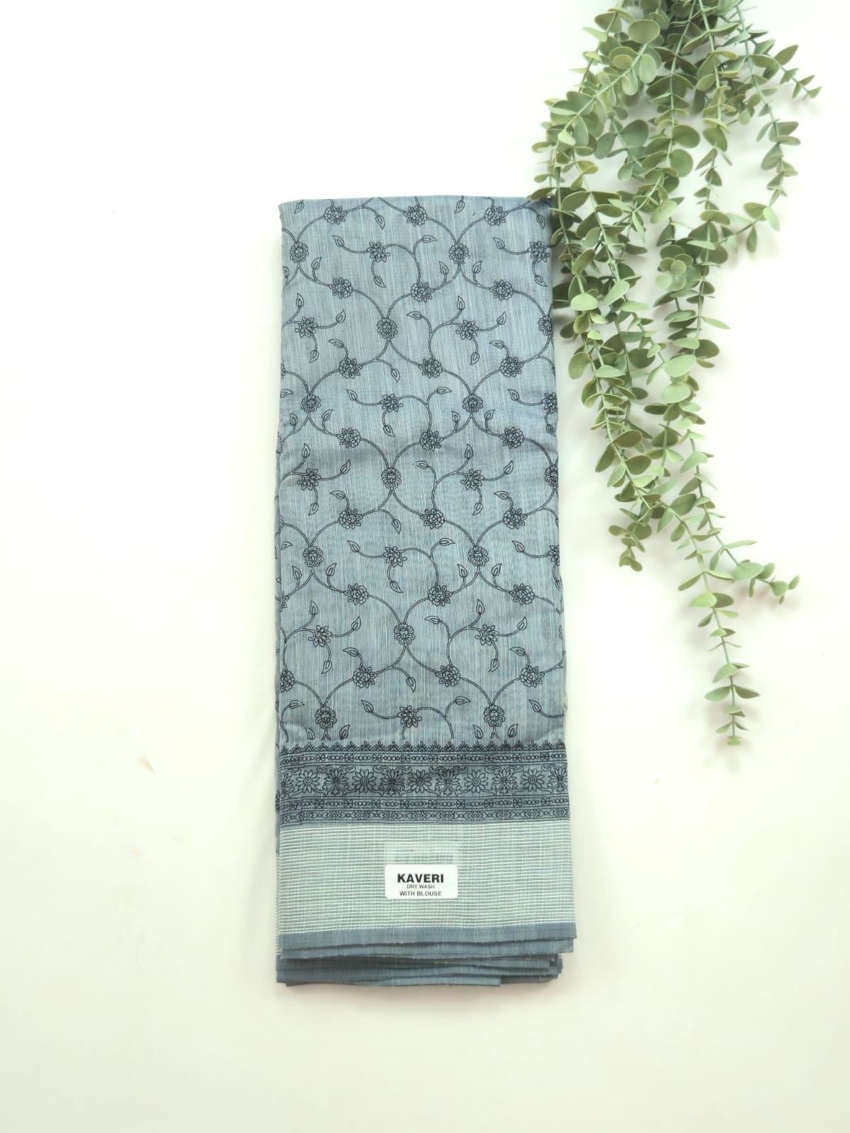 Kalamkari saree in Grey color with designer printed pallu and plain blouse