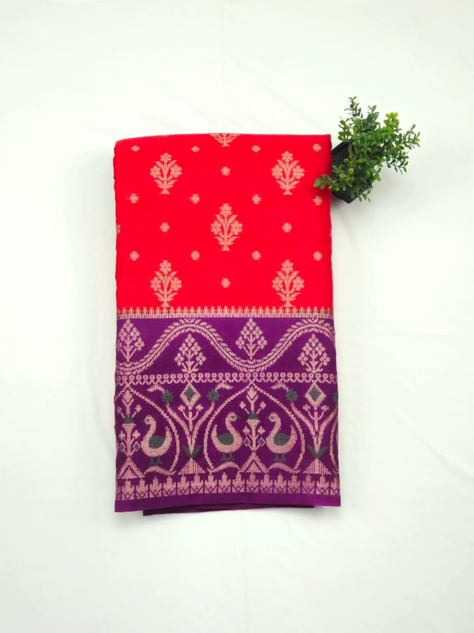 Bold red Pochampally weaving silk saree with designer pallu and blouse