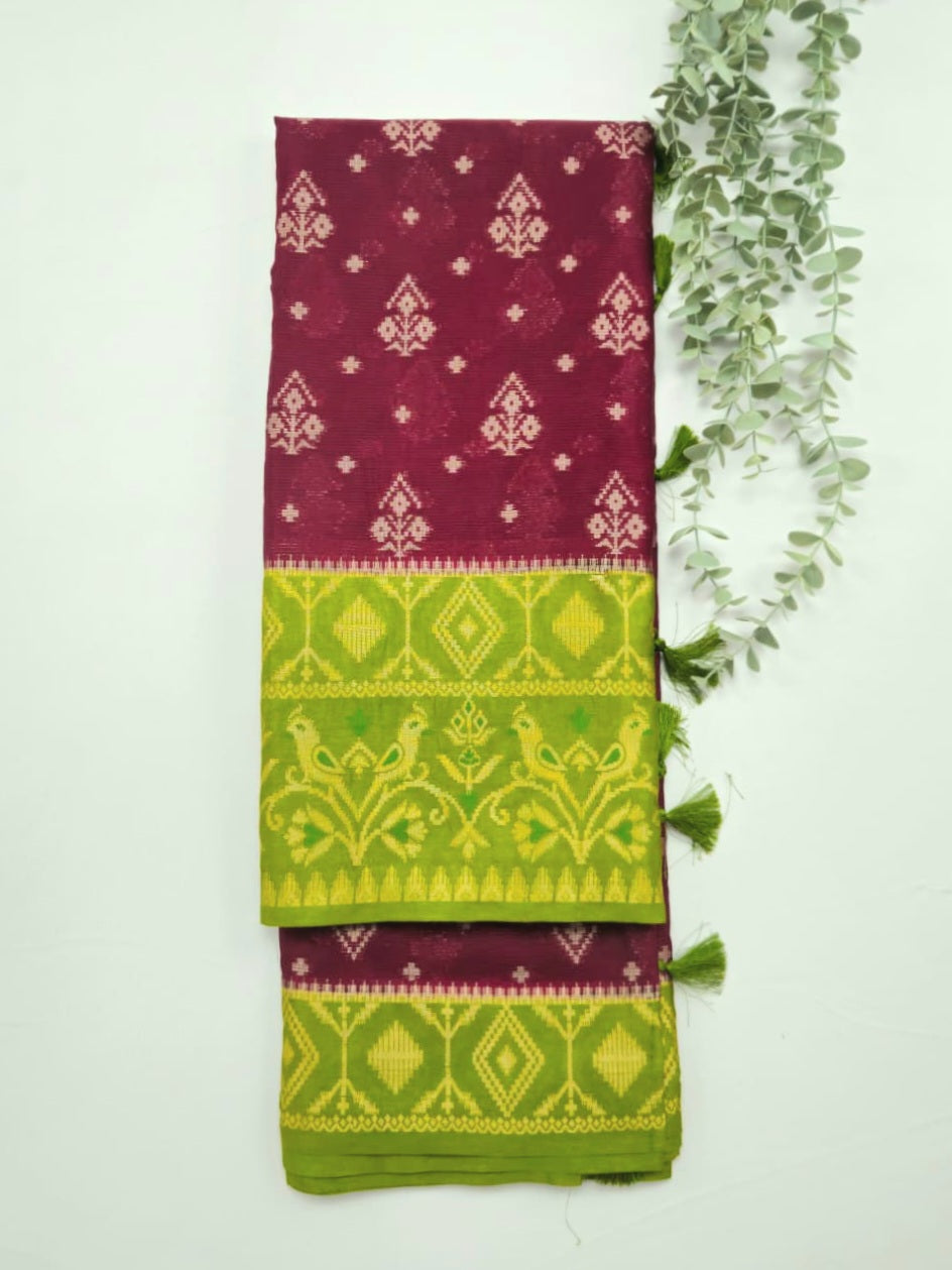 Chocolaty Pochampally weaving silk saree with designer pallu and blouse