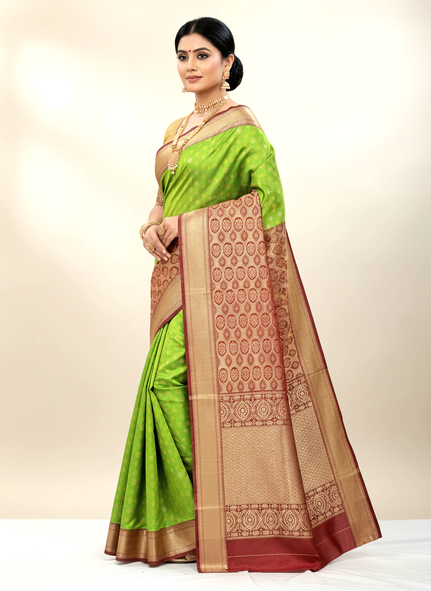 Kanchivaram golden weave saree in light green color with pattu border
