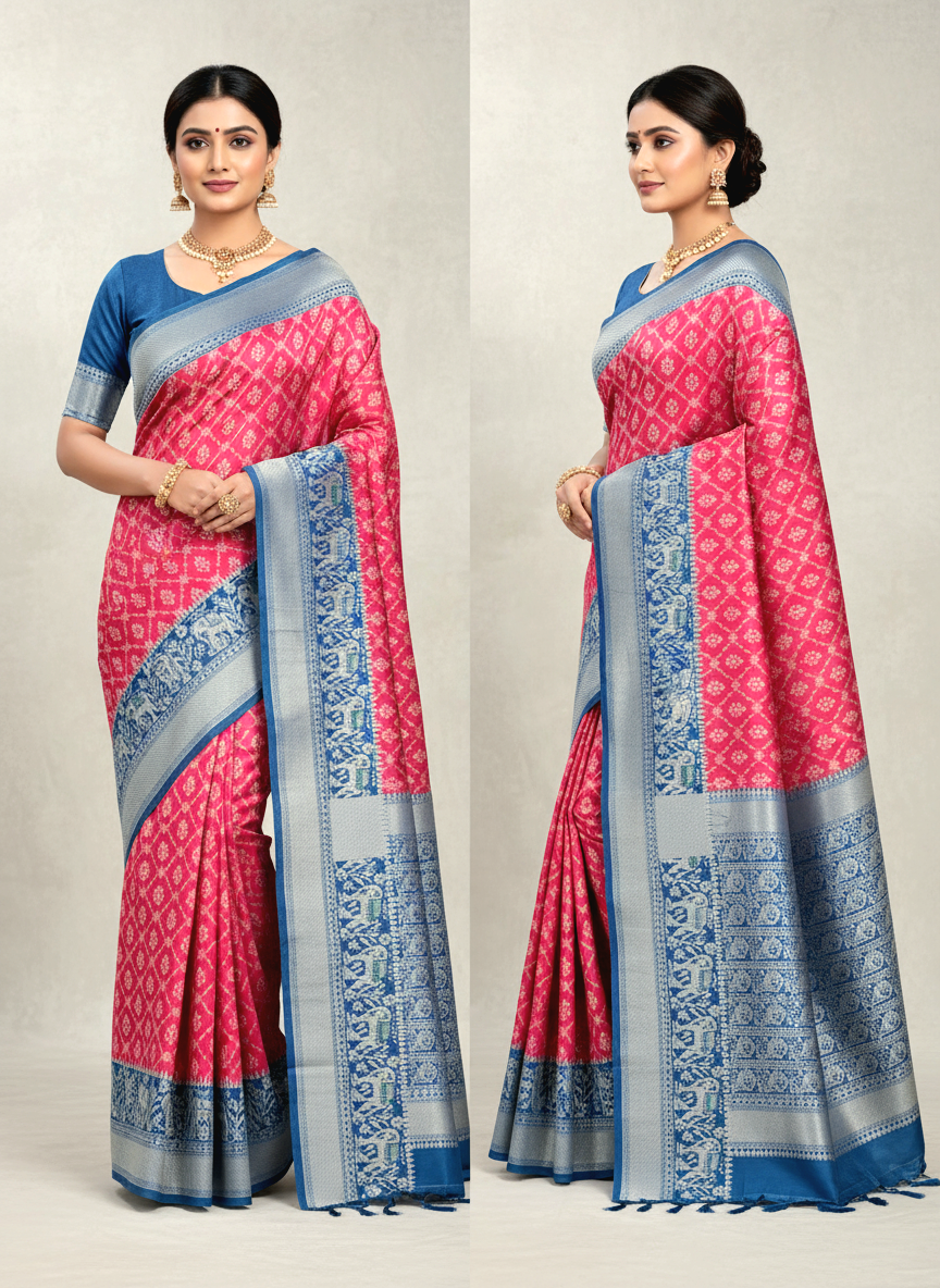 Gulabi pink pochampally weaving silk saree with designer pallu and blouse