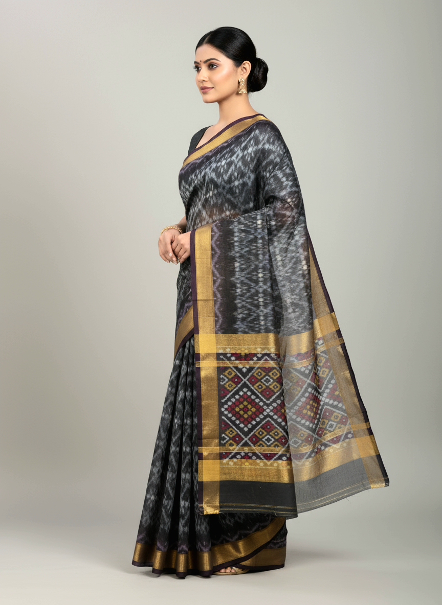 Pochampally Hyderabadi Sico silk saree in grey color with blouse