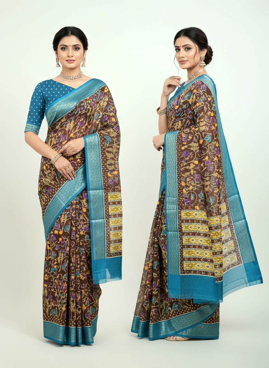 Pochampally Pichwai Brown Animal print silk saree with blouse