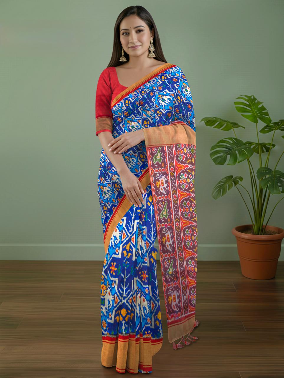 Pure Pochampally silk saree in Blue double ikkat with designer pallu and contrast Blouse