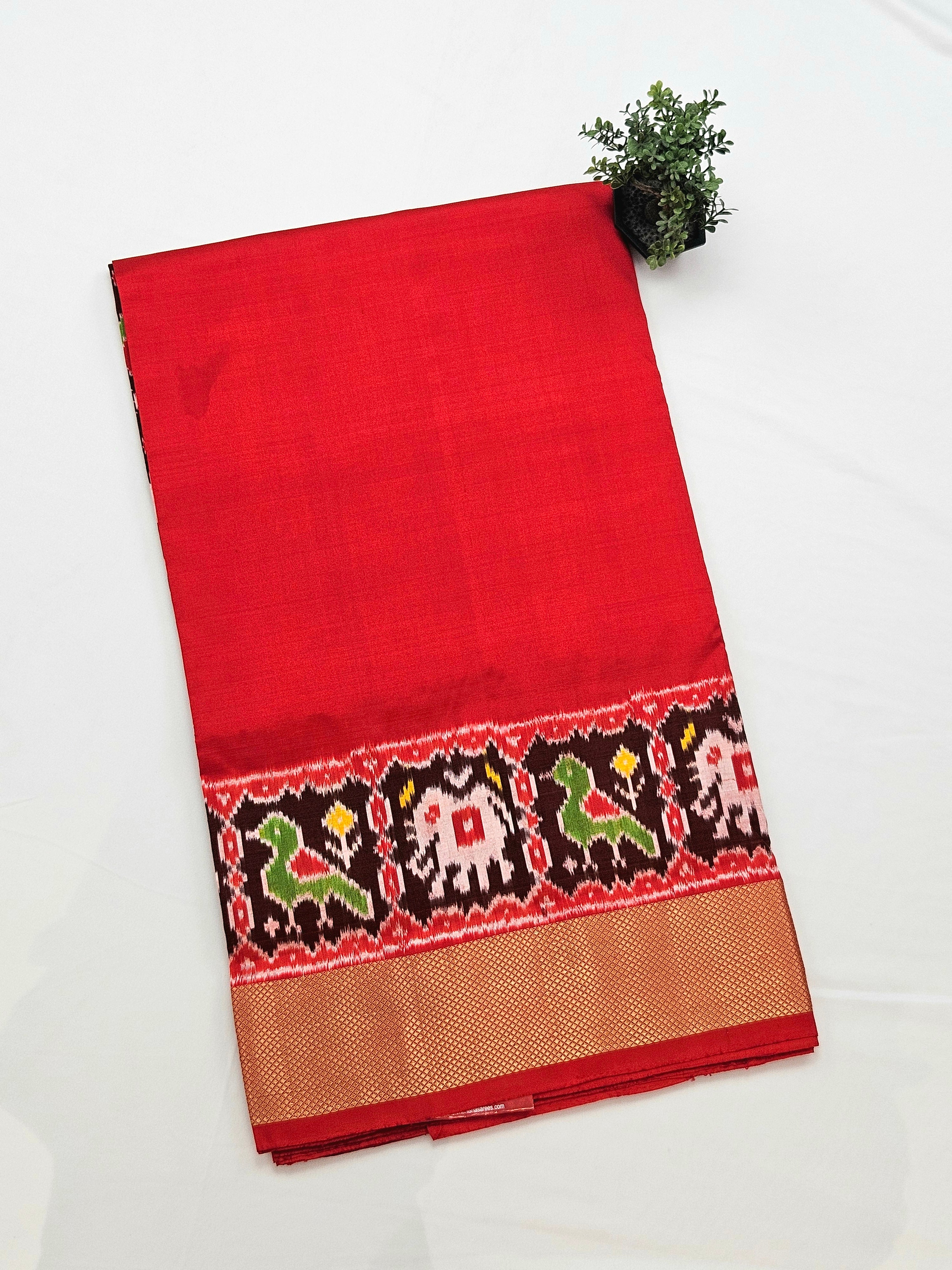 Pure Pochampally silk saree in Red with designer pallu and Blouse Red