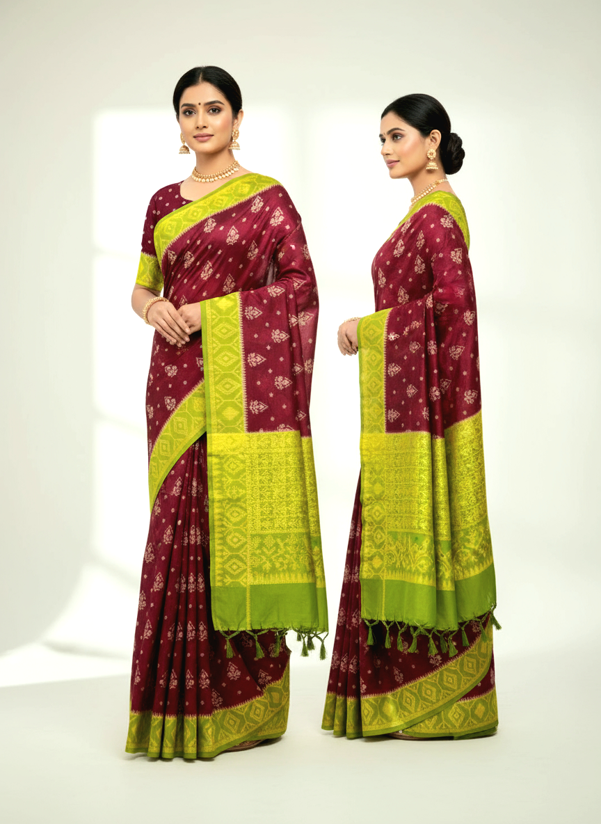 Chocolaty Pochampally weaving silk saree with designer pallu and blouse