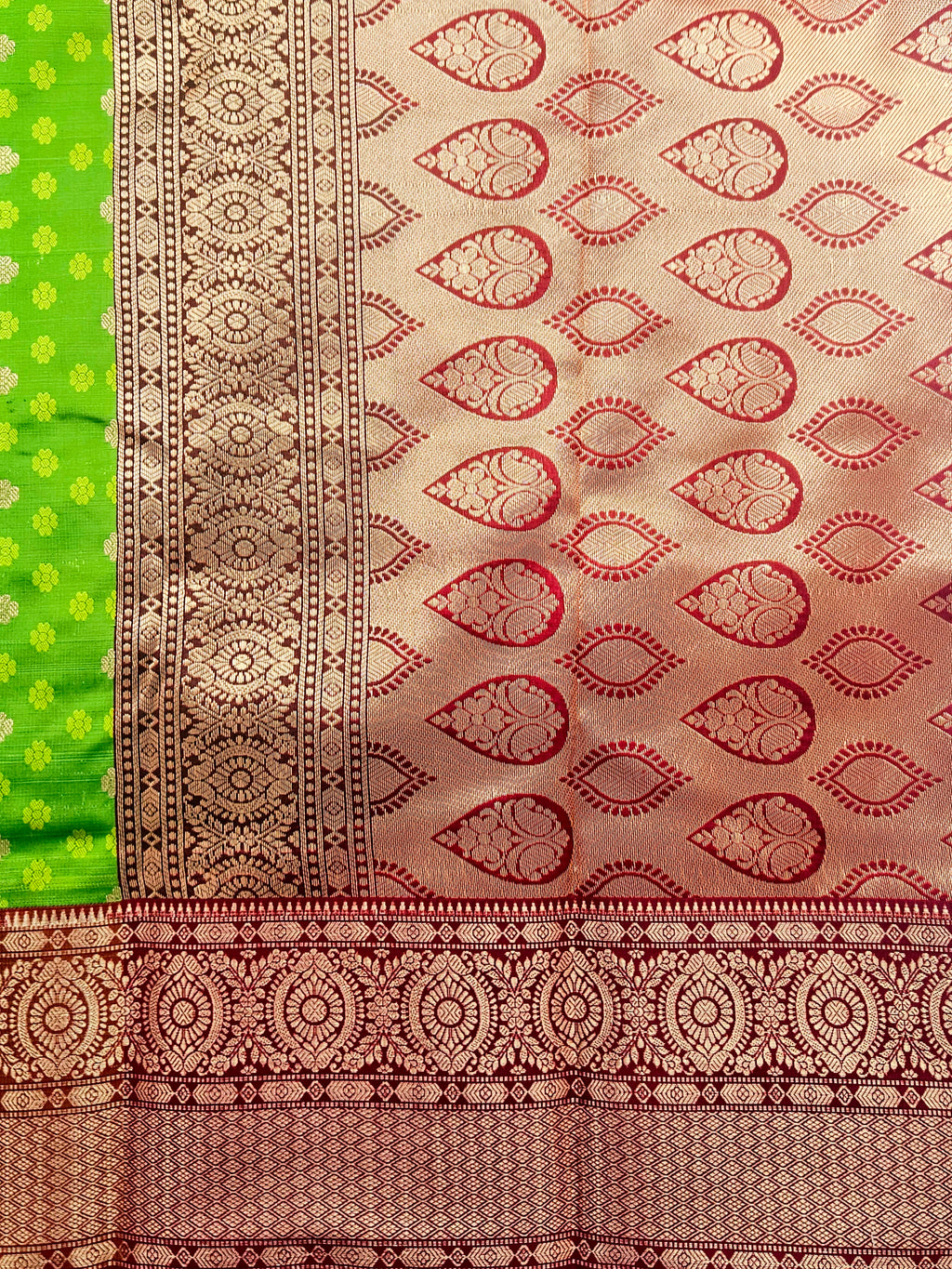 Kanchivaram golden weave saree in light green color with pattu border